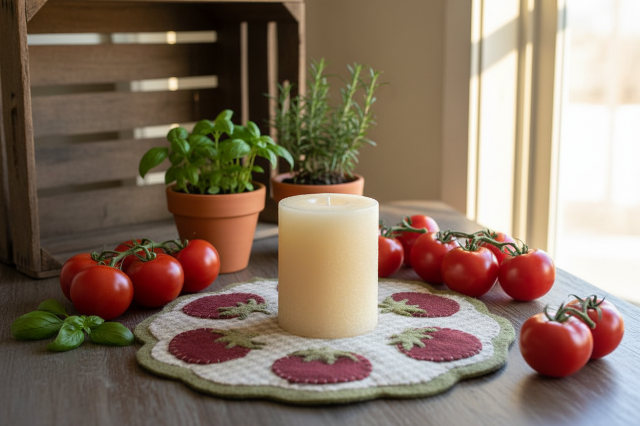 Handstitched Wool Applique Tomato Candle Mat - Farmhouse Style