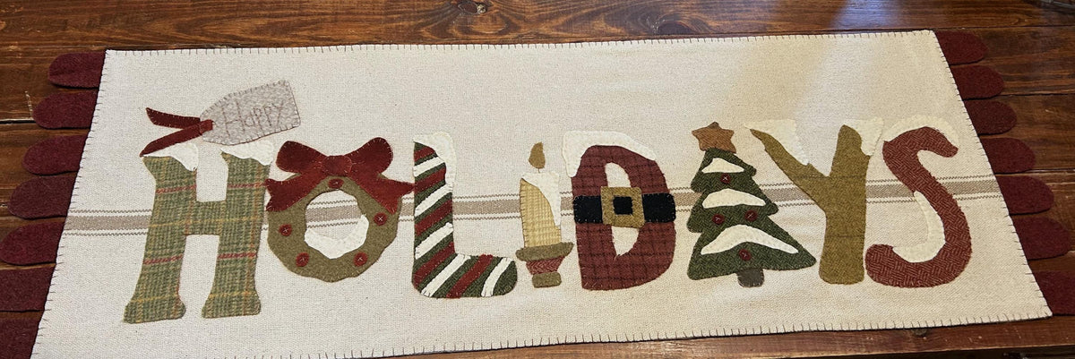 Handmade Wool Applique Happy Holidays Table Runner | Handstitched Wool Christmas Runner | Christmas Decor | Vintage Christmas