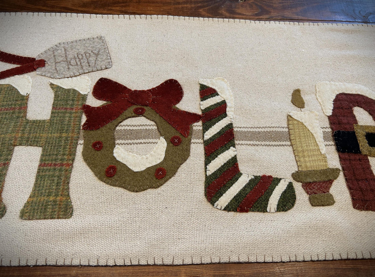 Handmade Wool Applique Happy Holidays Table Runner | Handstitched Wool Christmas Runner | Christmas Decor | Vintage Christmas