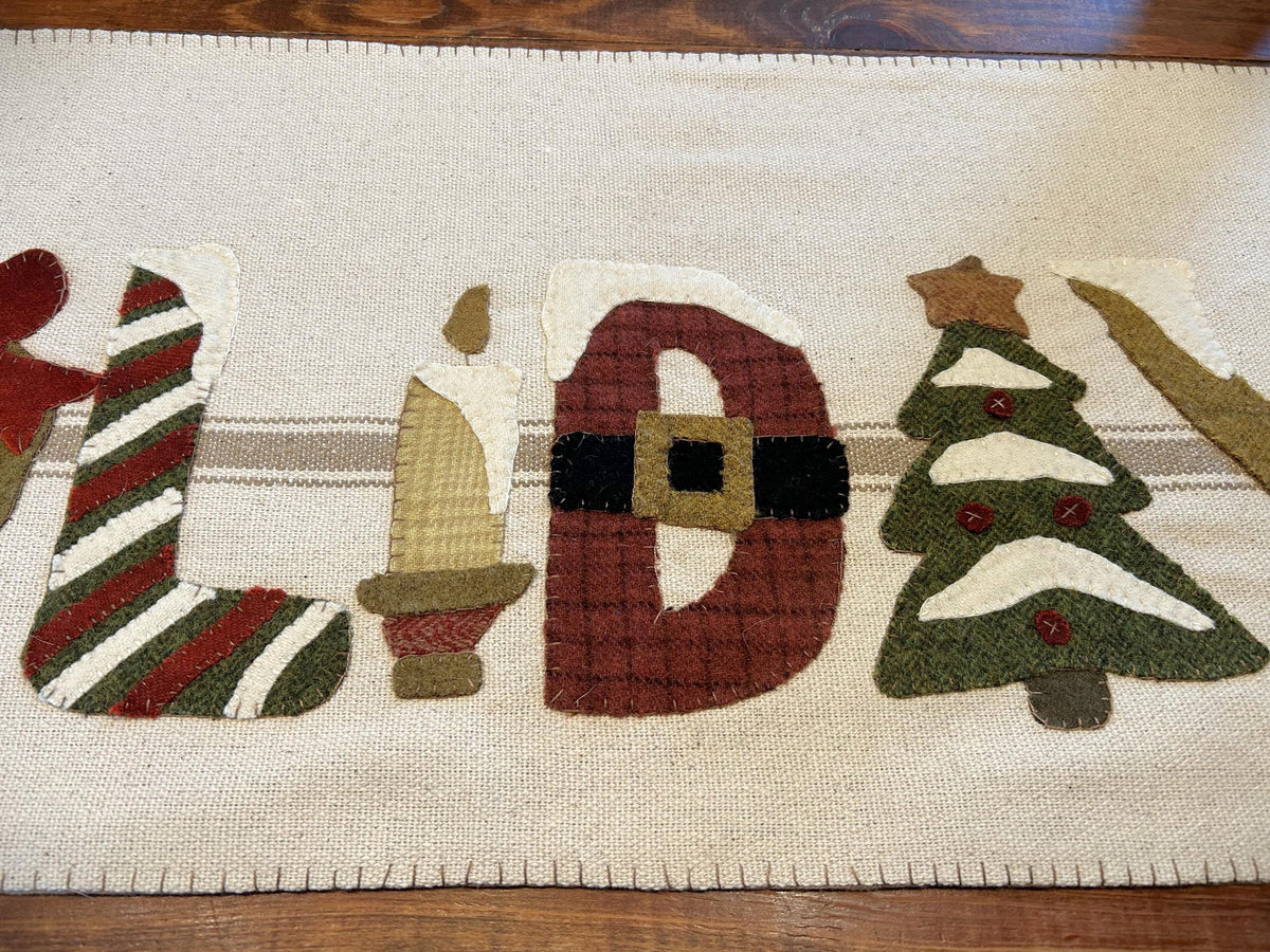 Handmade Wool Applique Happy Holidays Table Runner | Handstitched Wool Christmas Runner | Christmas Decor | Vintage Christmas