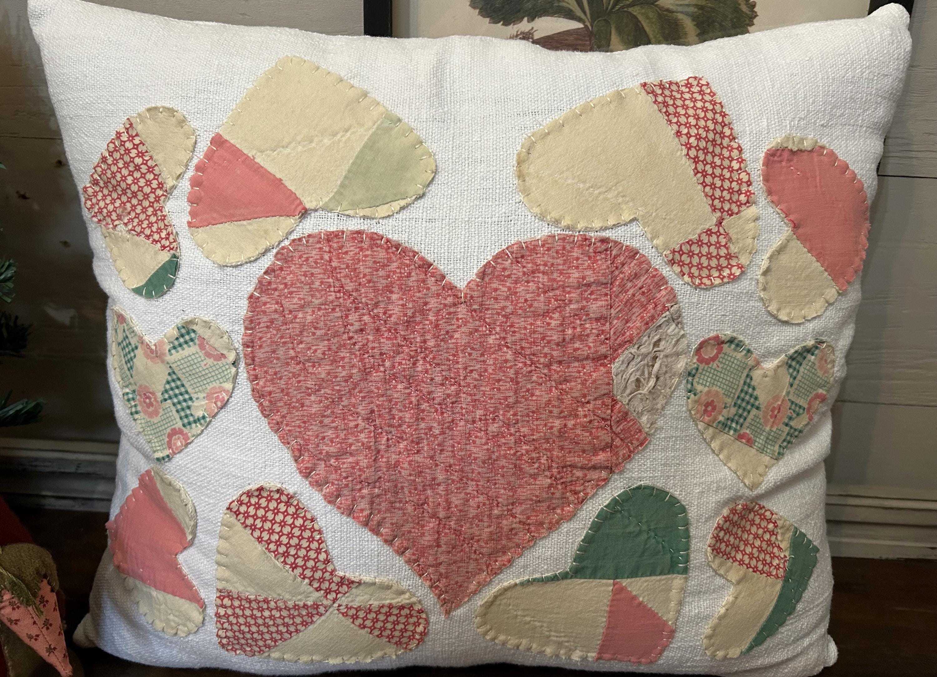 Antique Quilt Scattered Heart Grain Sack Pillow | Vintage Handmade Cutter Quilt Heart Pillow