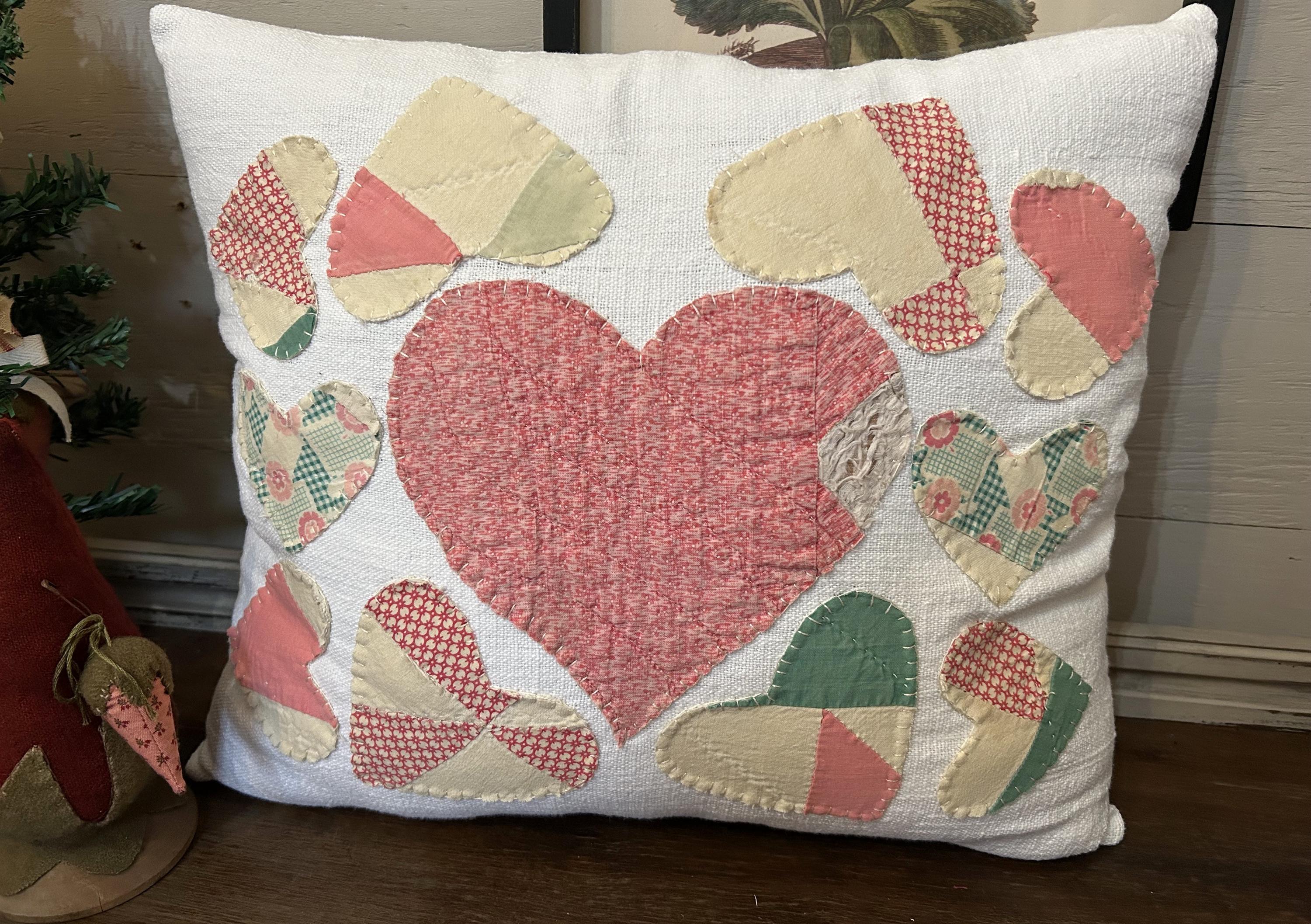 Antique Quilt Scattered Heart Grain Sack Pillow | Vintage Handmade Cutter Quilt Heart Pillow
