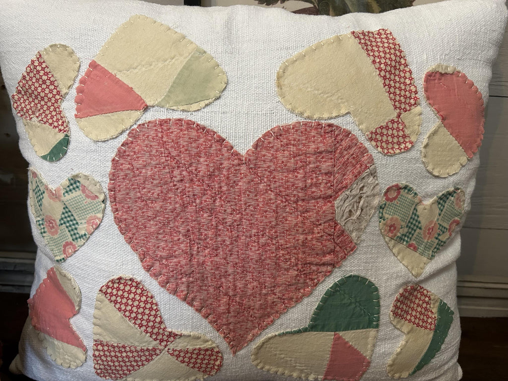 Antique Quilt Scattered Heart Grain Sack Pillow | Vintage Handmade Cutter Quilt Heart Pillow