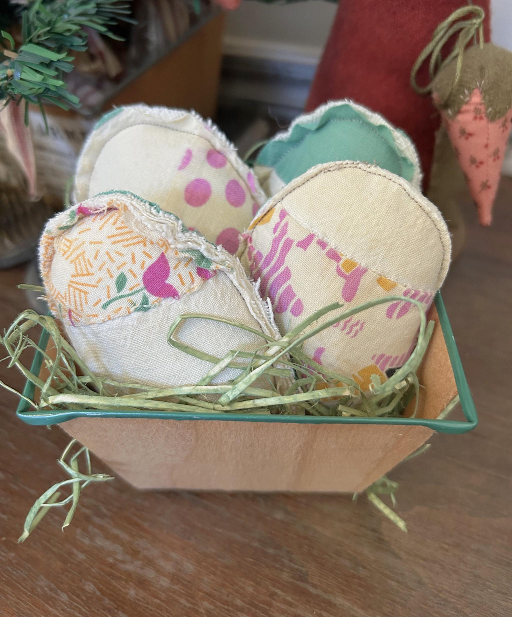 Handmade Antique Quilt Easter Eggs in Wood Berry Basket