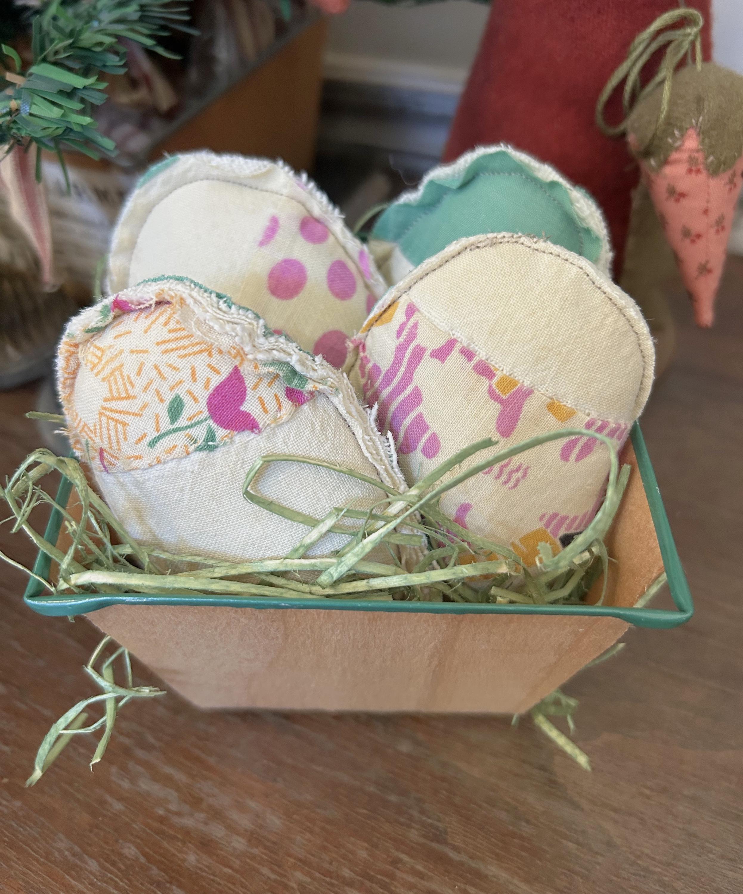 Handmade Antique Quilt Easter Eggs in Wood Berry Basket