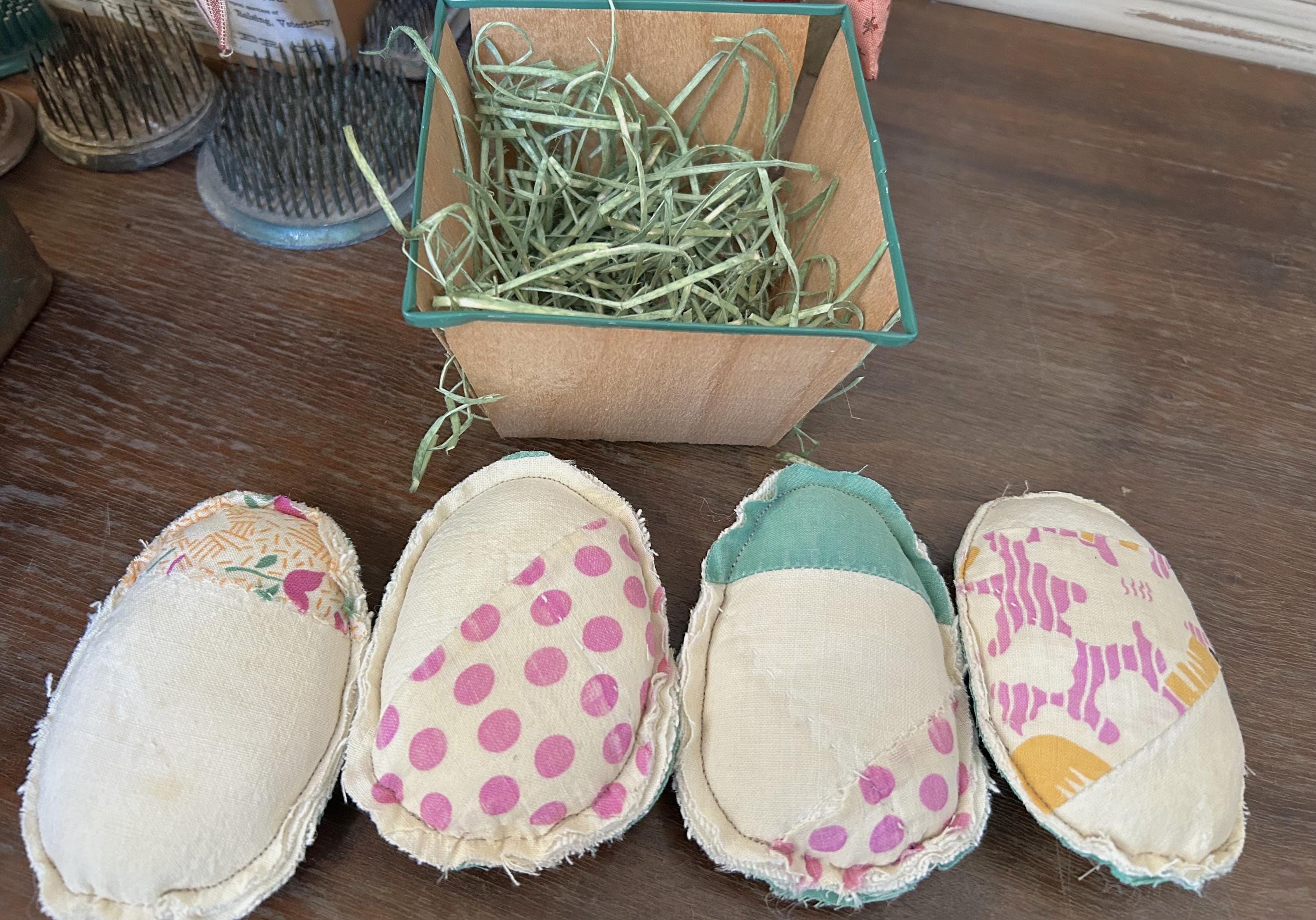 Handmade Antique Quilt Easter Eggs in Wood Berry Basket