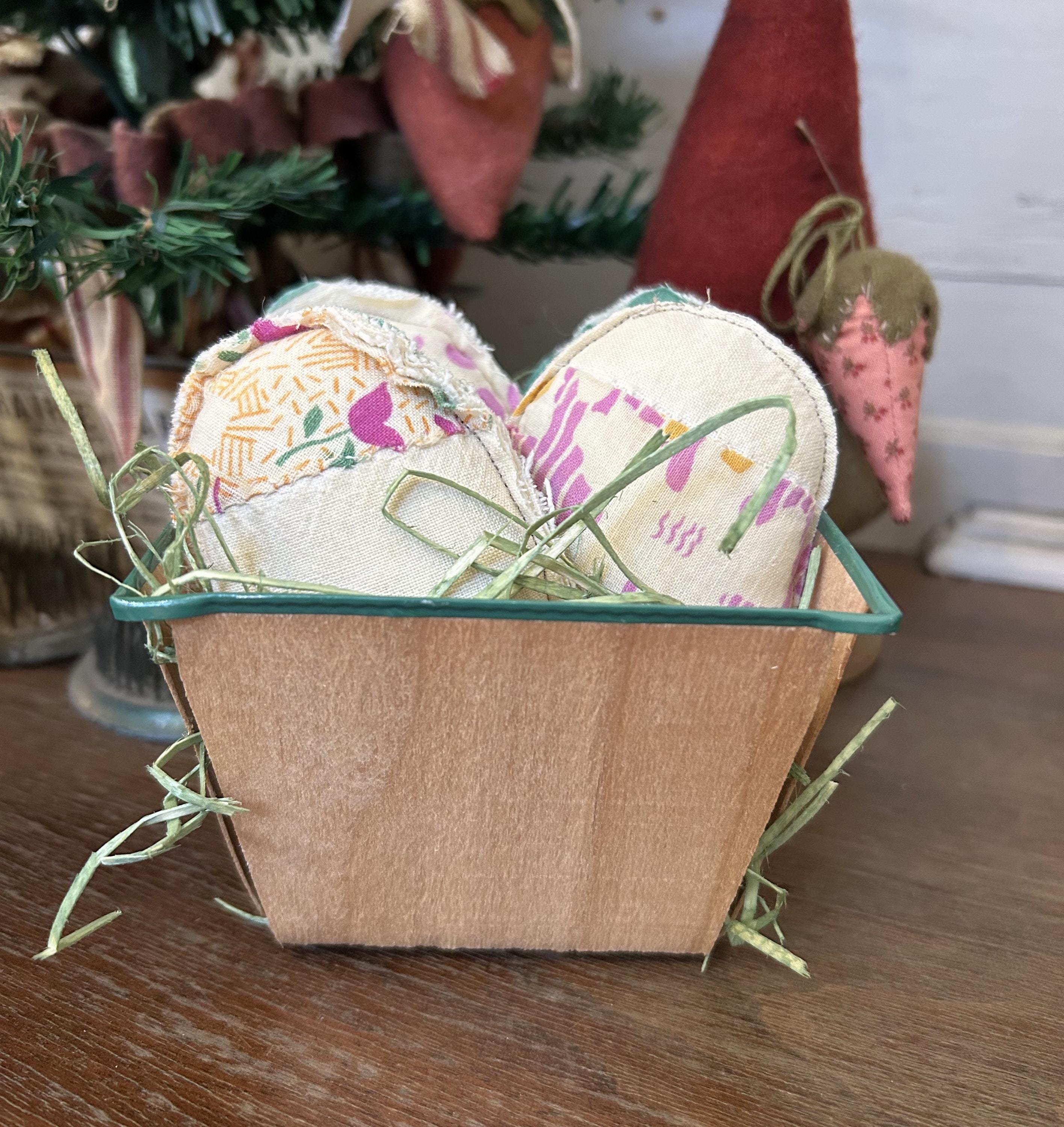 Handmade Antique Quilt Easter Eggs in Wood Berry Basket