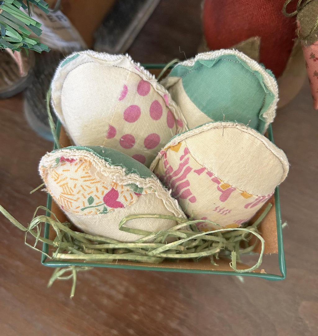 Handmade Antique Quilt Easter Eggs in Wood Berry Basket
