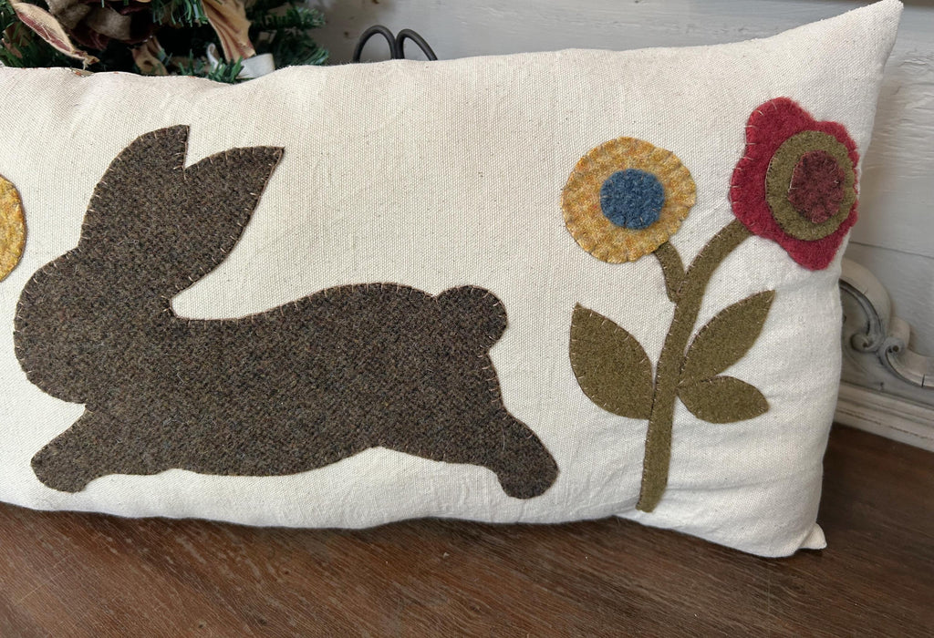 Handmade Wool Applique Spring Rabbit and Flowers Throw Pillow