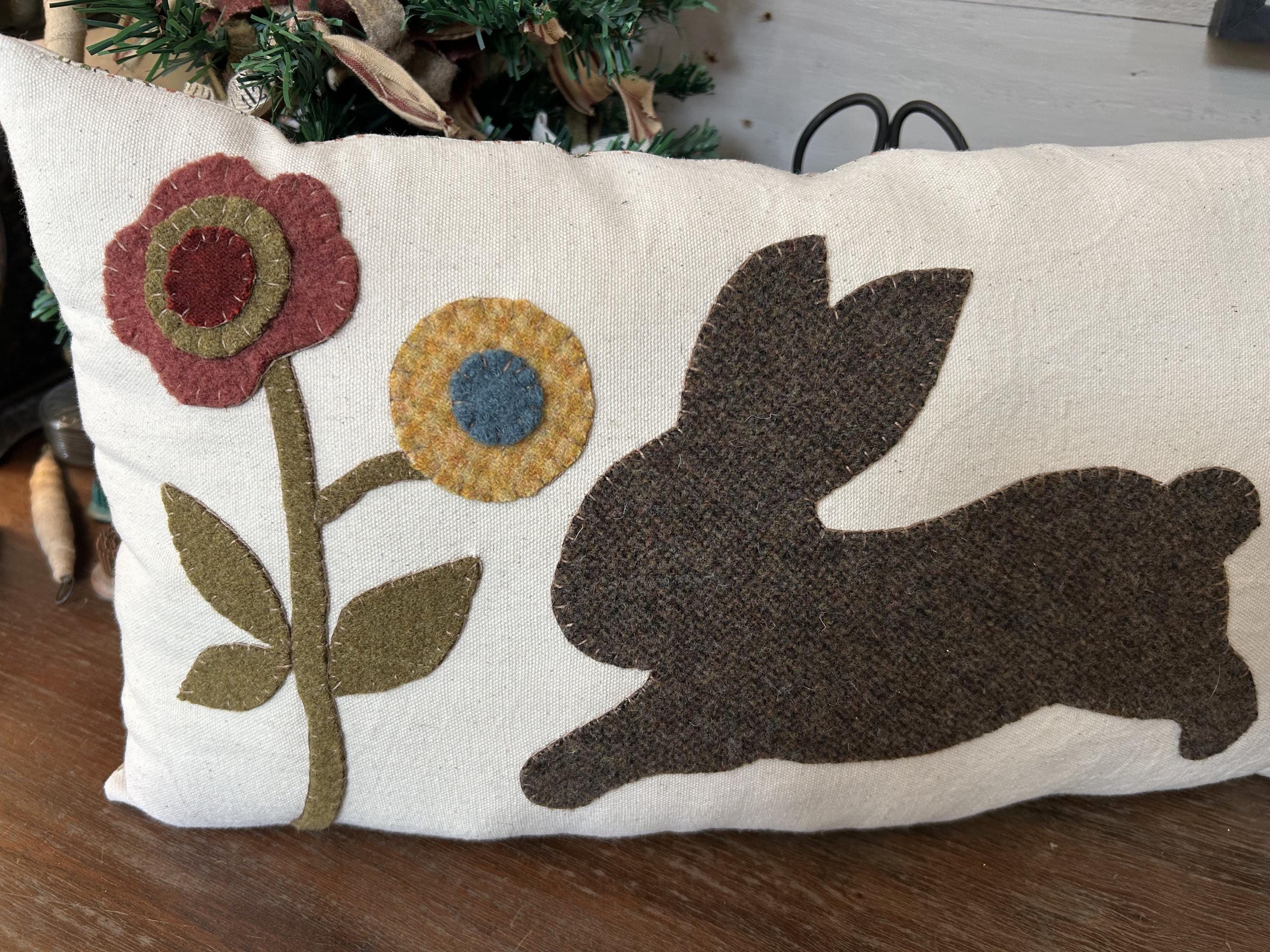 Handmade Wool Applique Spring Rabbit and Flowers Throw Pillow