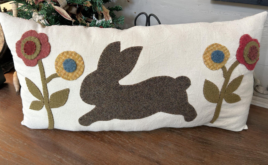 Handmade Wool Applique Spring Rabbit and Flowers Throw Pillow