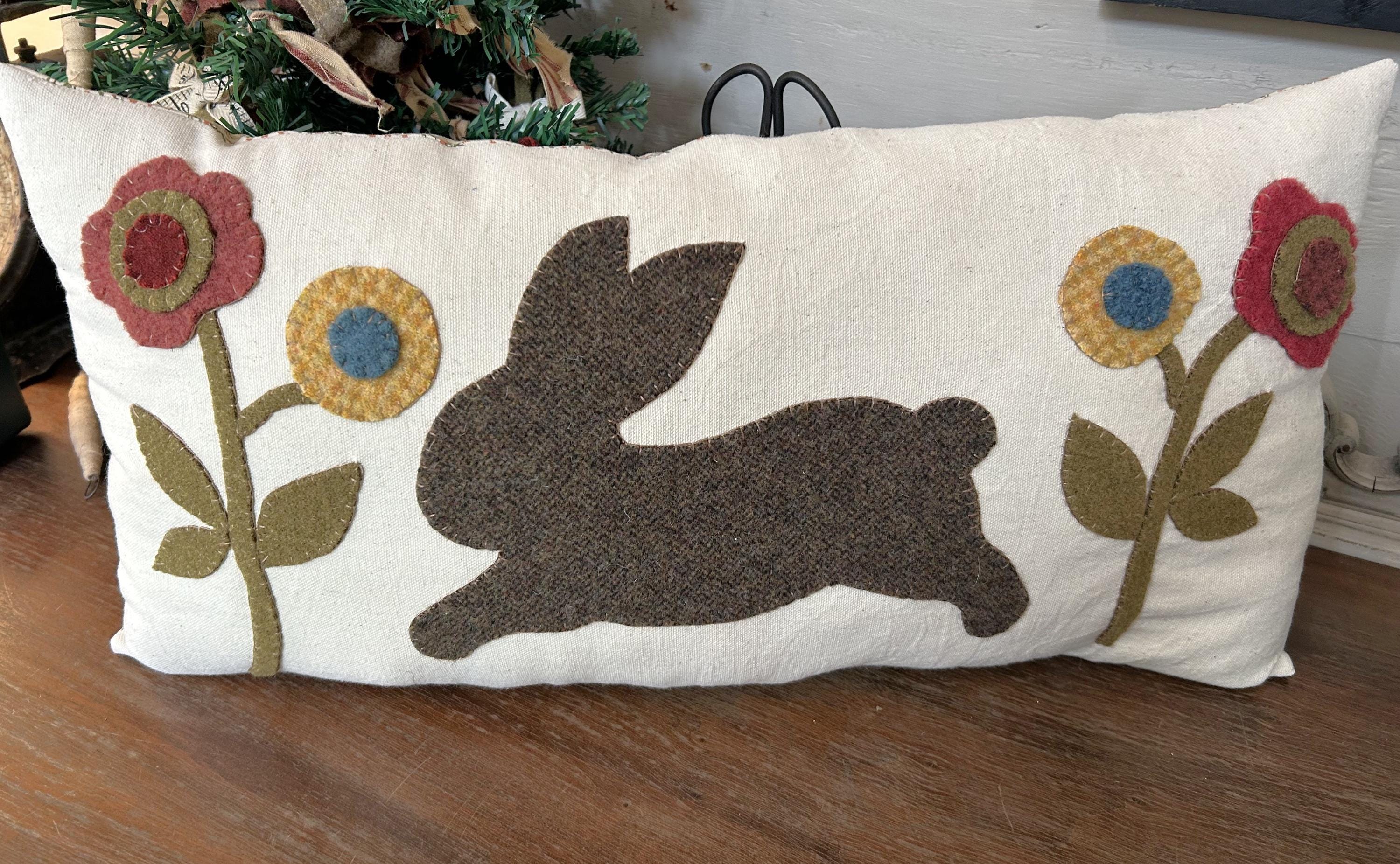 Handmade Wool Applique Spring Rabbit and Flowers Throw Pillow
