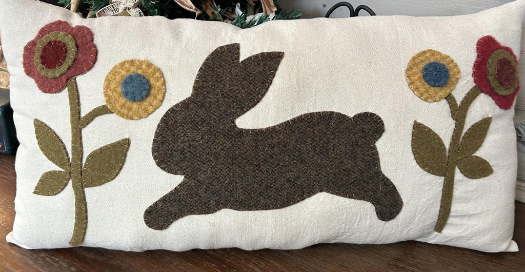 Handmade Wool Applique Spring Rabbit and Flowers Throw Pillow