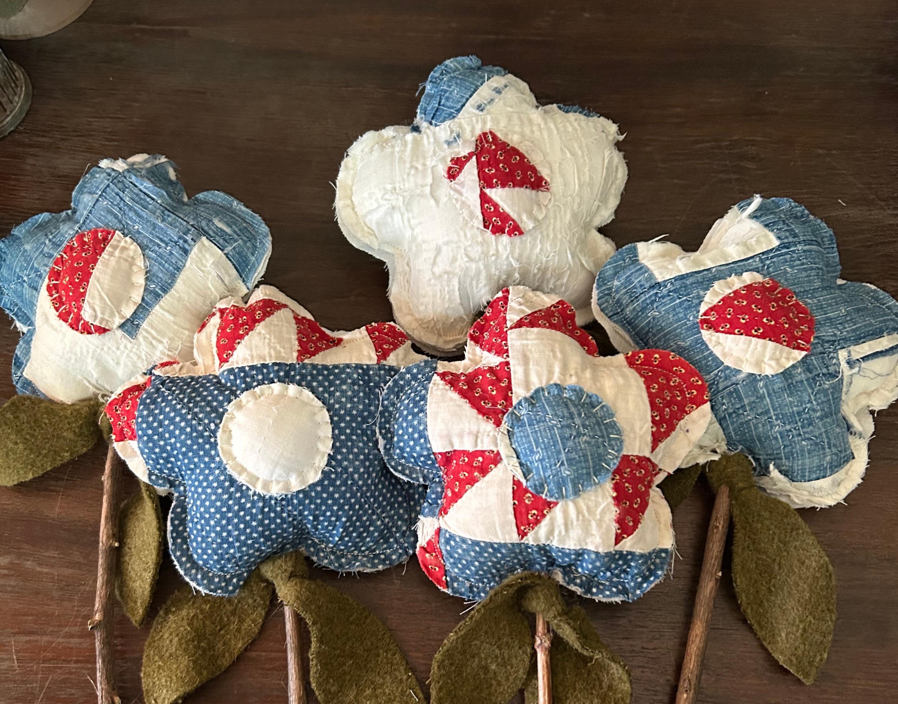 Handmade Primitive Americana Set of 5 Quilt Flowers | Antique Quilt Patriotic Flower Pokes