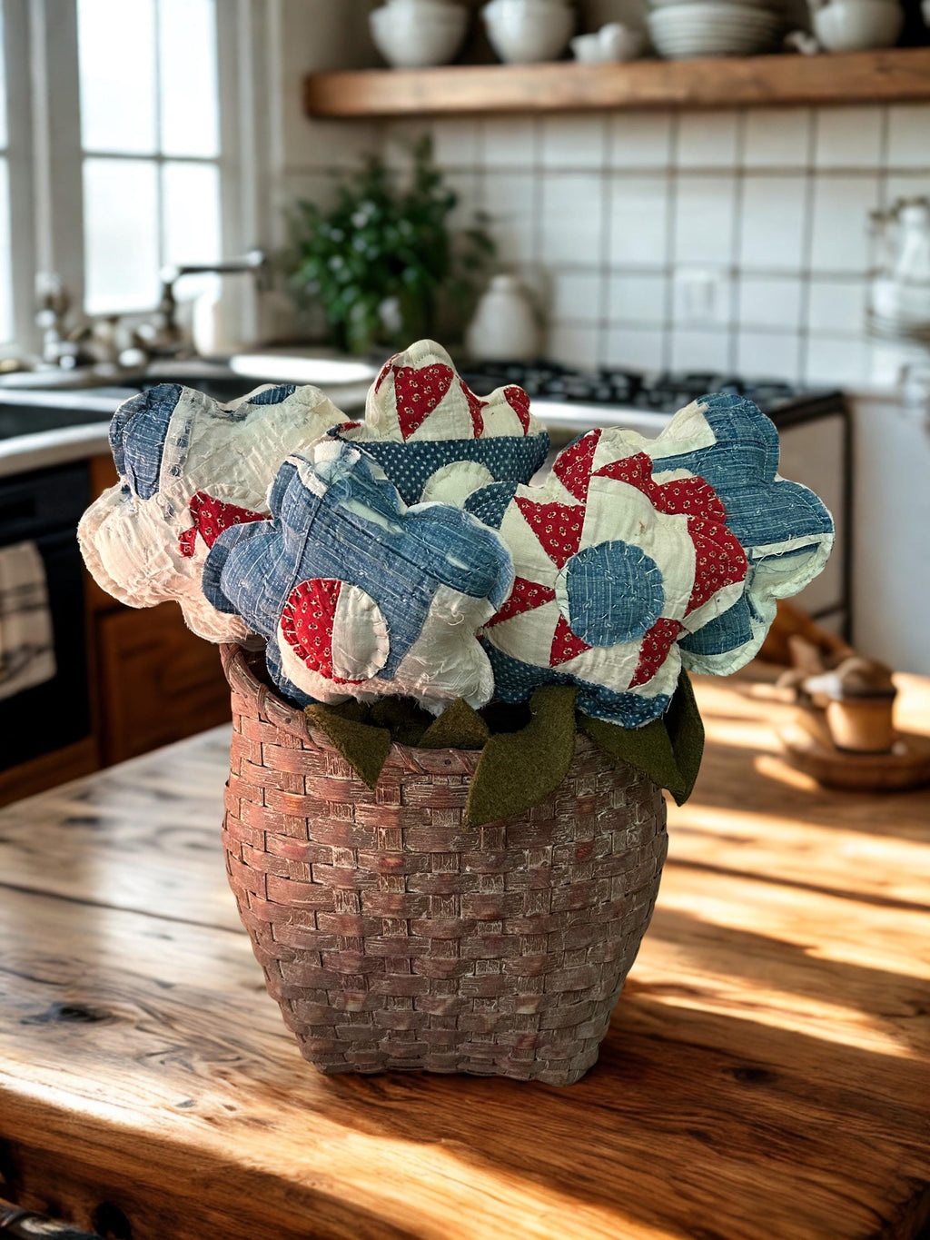 Handmade Primitive Americana Set of 5 Quilt Flowers | Antique Quilt Patriotic Flower Pokes