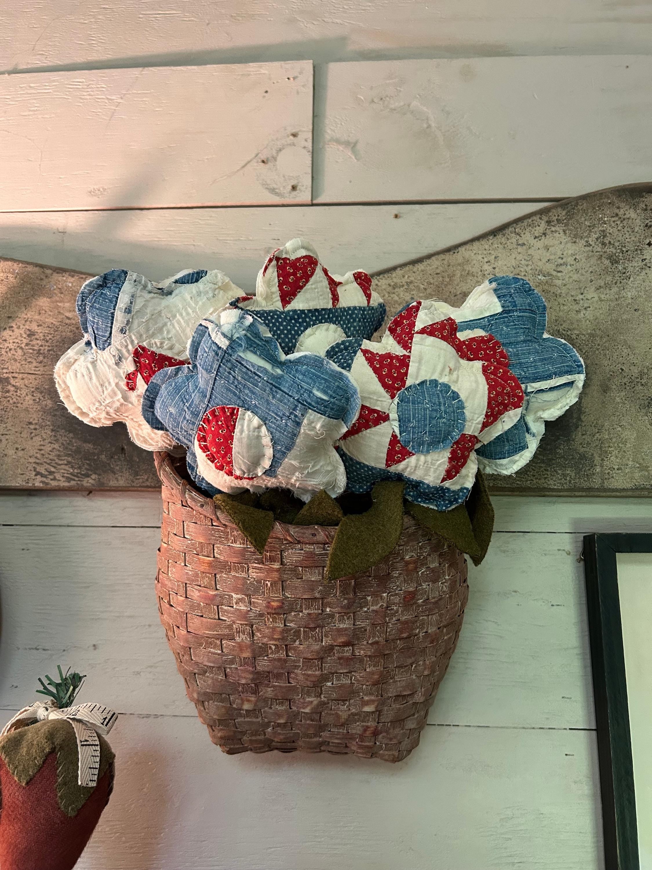 Handmade Primitive Americana Set of 5 Quilt Flowers | Antique Quilt Patriotic Flower Pokes