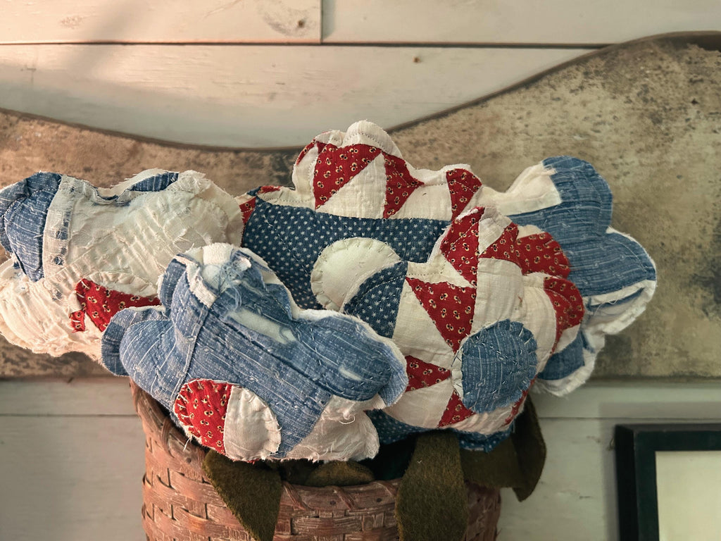 Handmade Primitive Americana Set of 5 Quilt Flowers | Antique Quilt Patriotic Flower Pokes