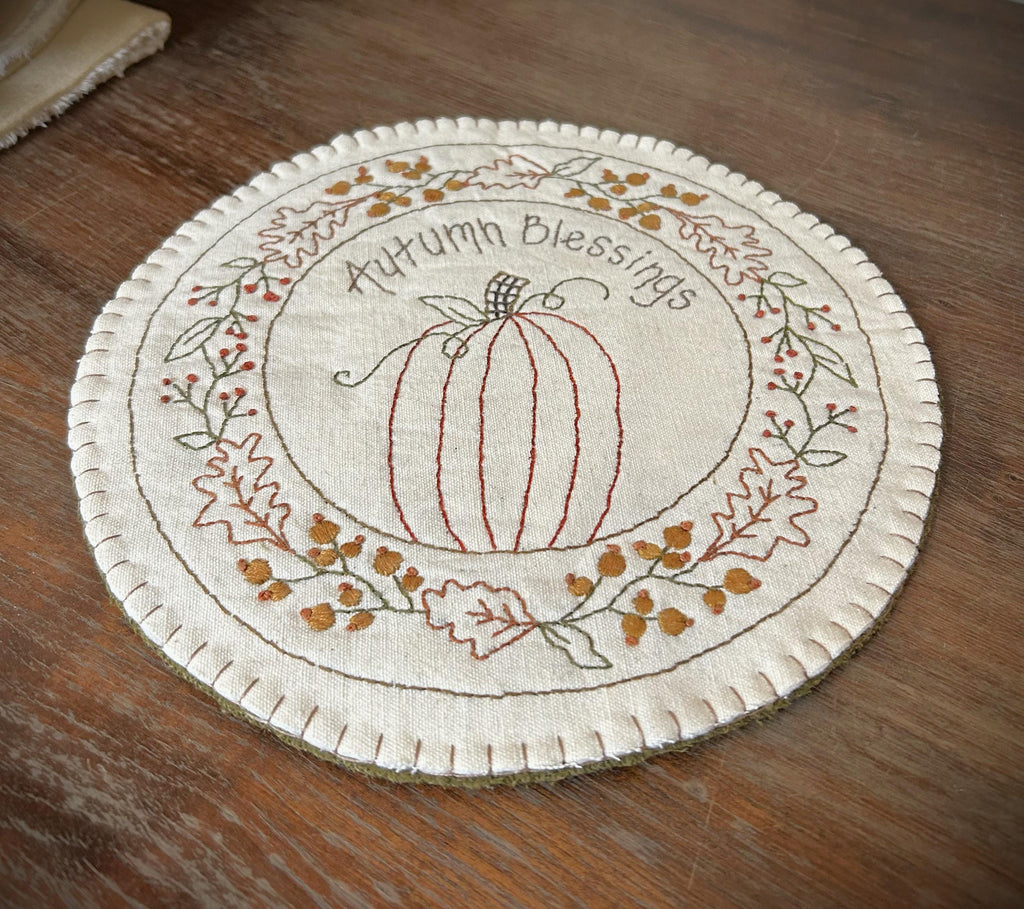Handstitched Autumn Blessings Embroidered Candle Mat | Handmade Fall Decor