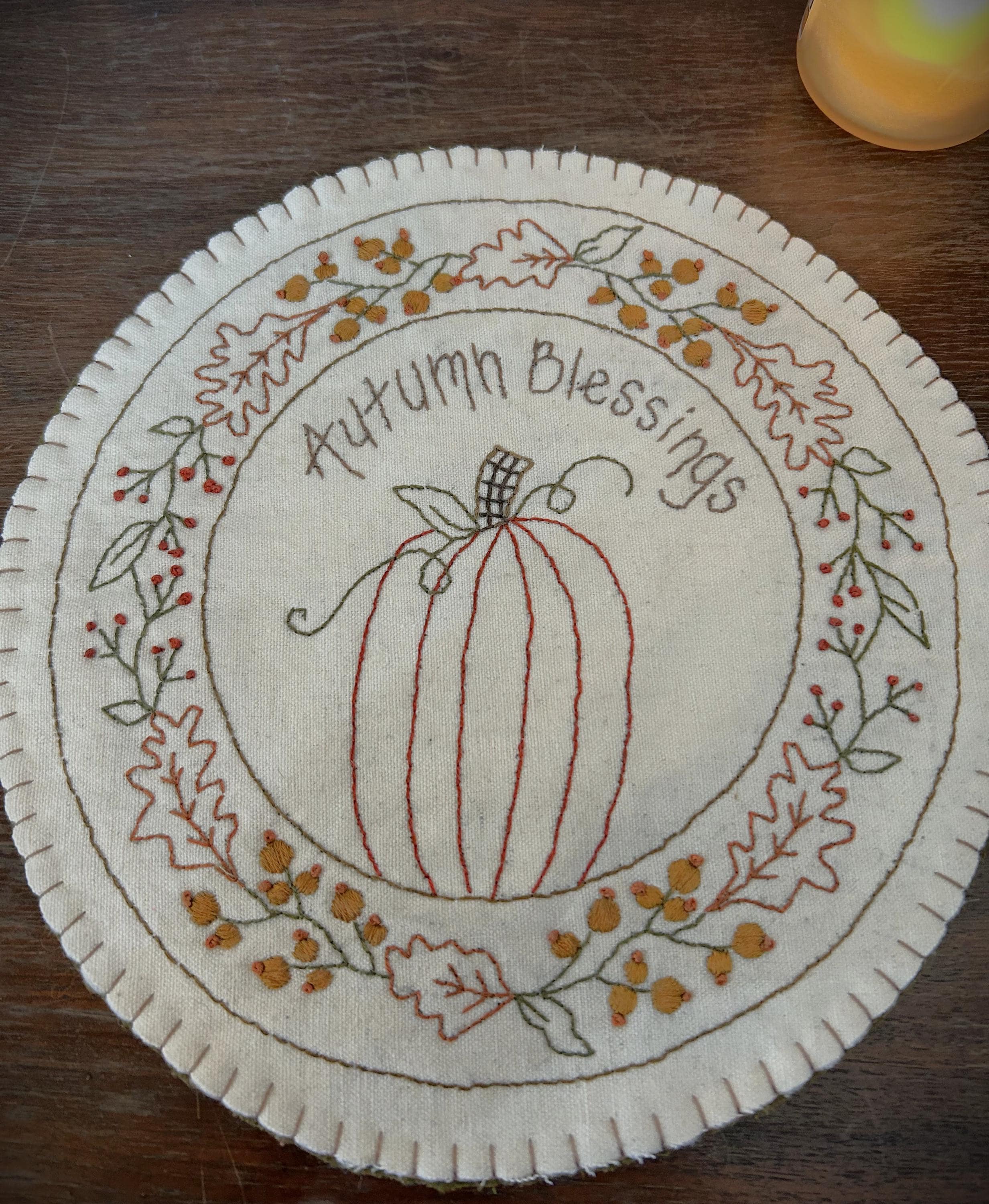 Handstitched Autumn Blessings Embroidered Candle Mat | Handmade Fall Decor