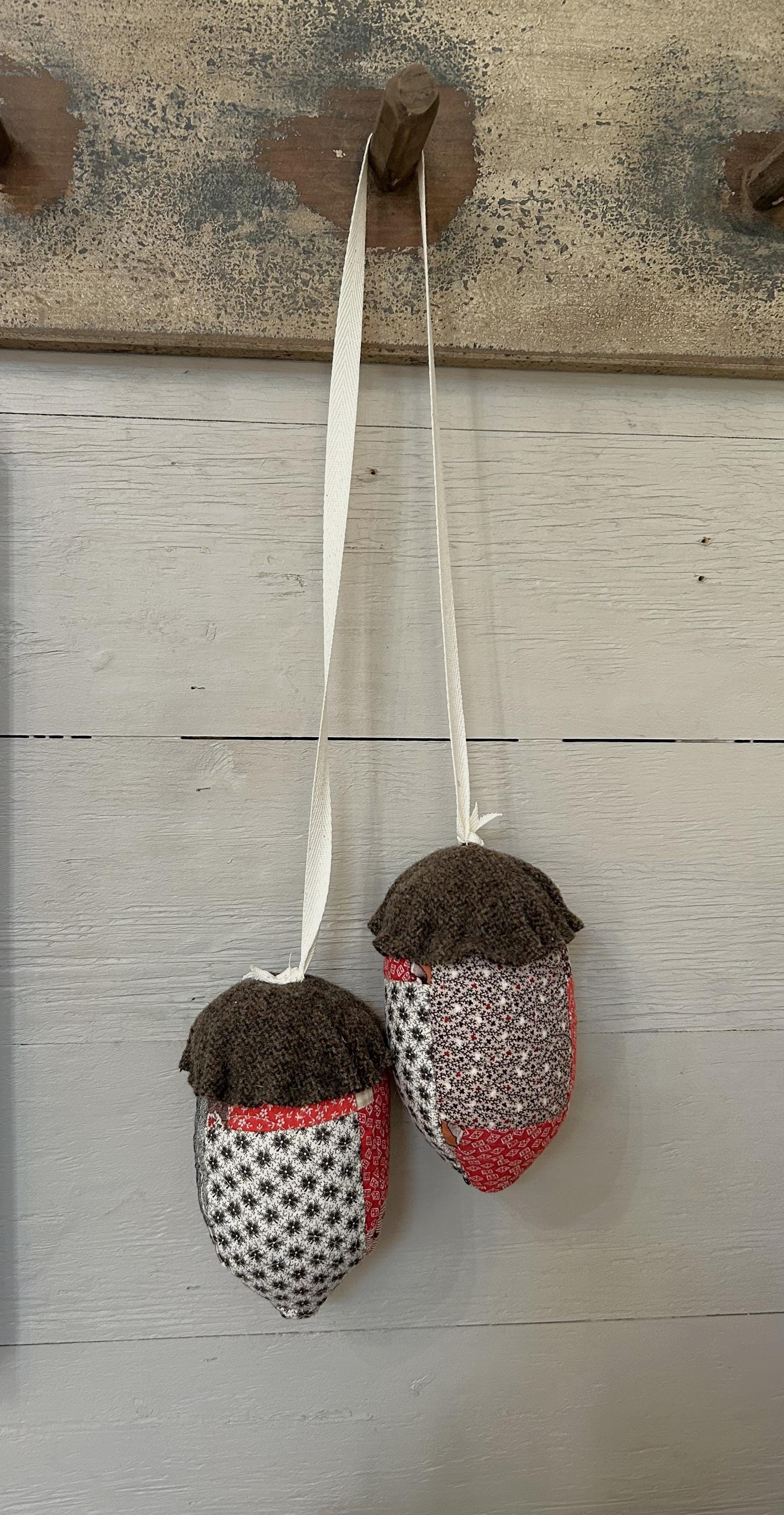 Antique Quilt and Wool Acorns for Peg Hanger | Handmade Fall Decor
