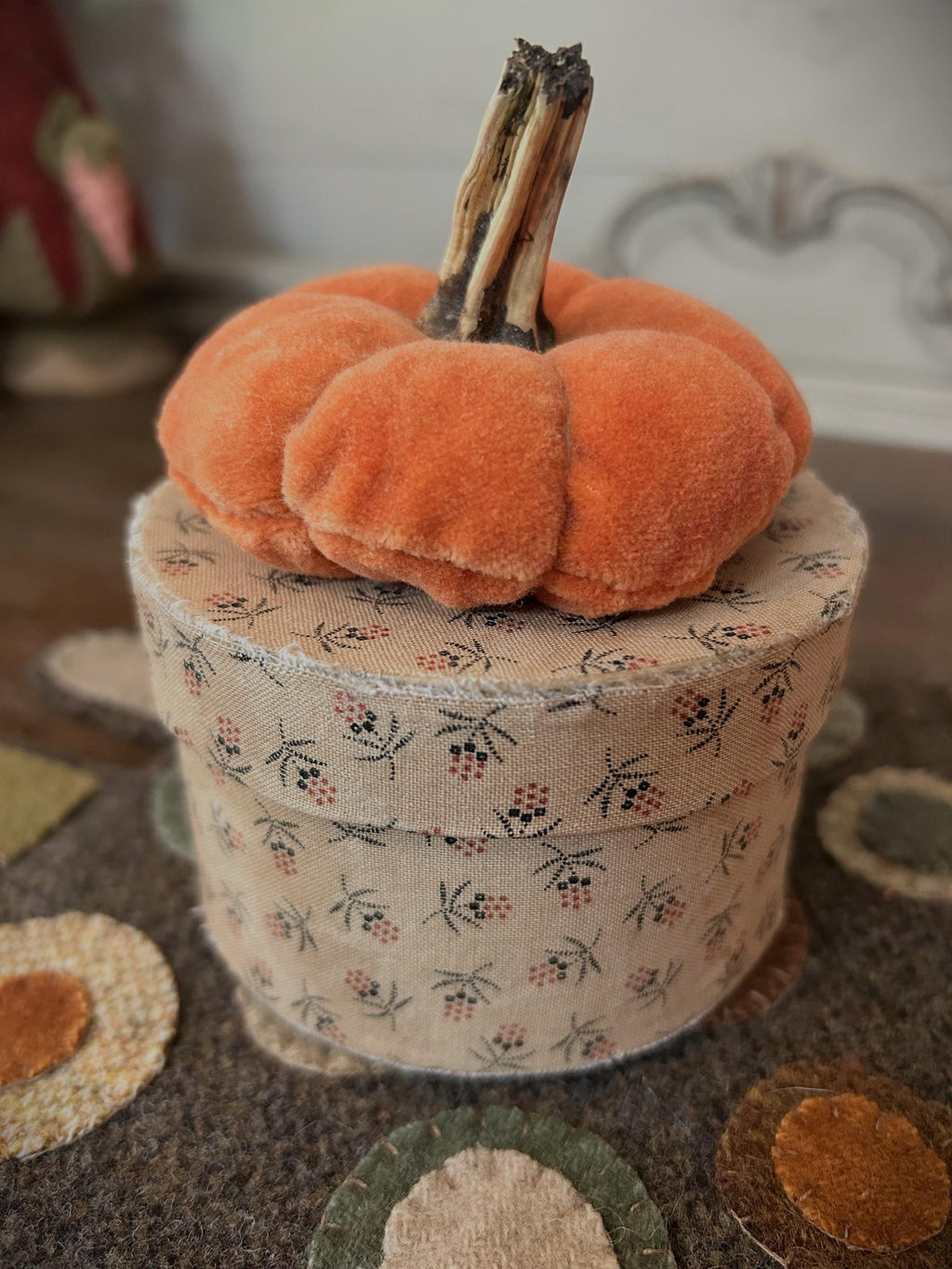 Fall Fabric Covered Box W/ Velvet Pumpkin with Real Stem | Handmade Fall Decor