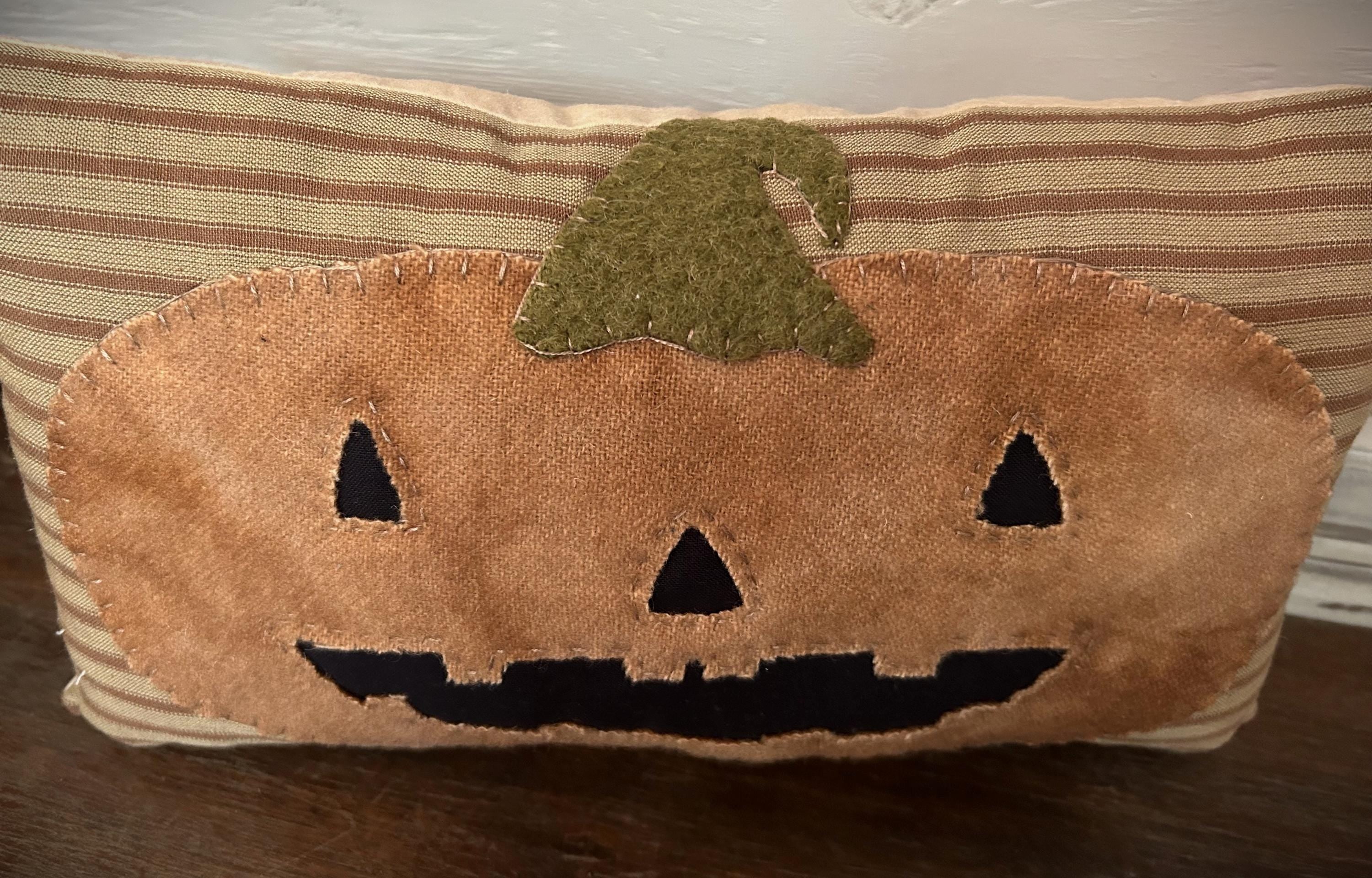 Primitive Jack O lantern Wool Applique Pillow | Handmade Fall Decor