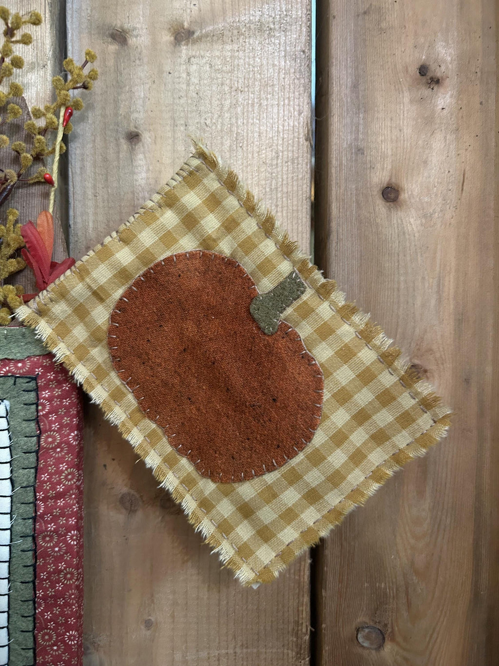 Primitive Fall Stitchery Pocket Hanger W/ Pumpkin Flag |  Handmade Fall Decor