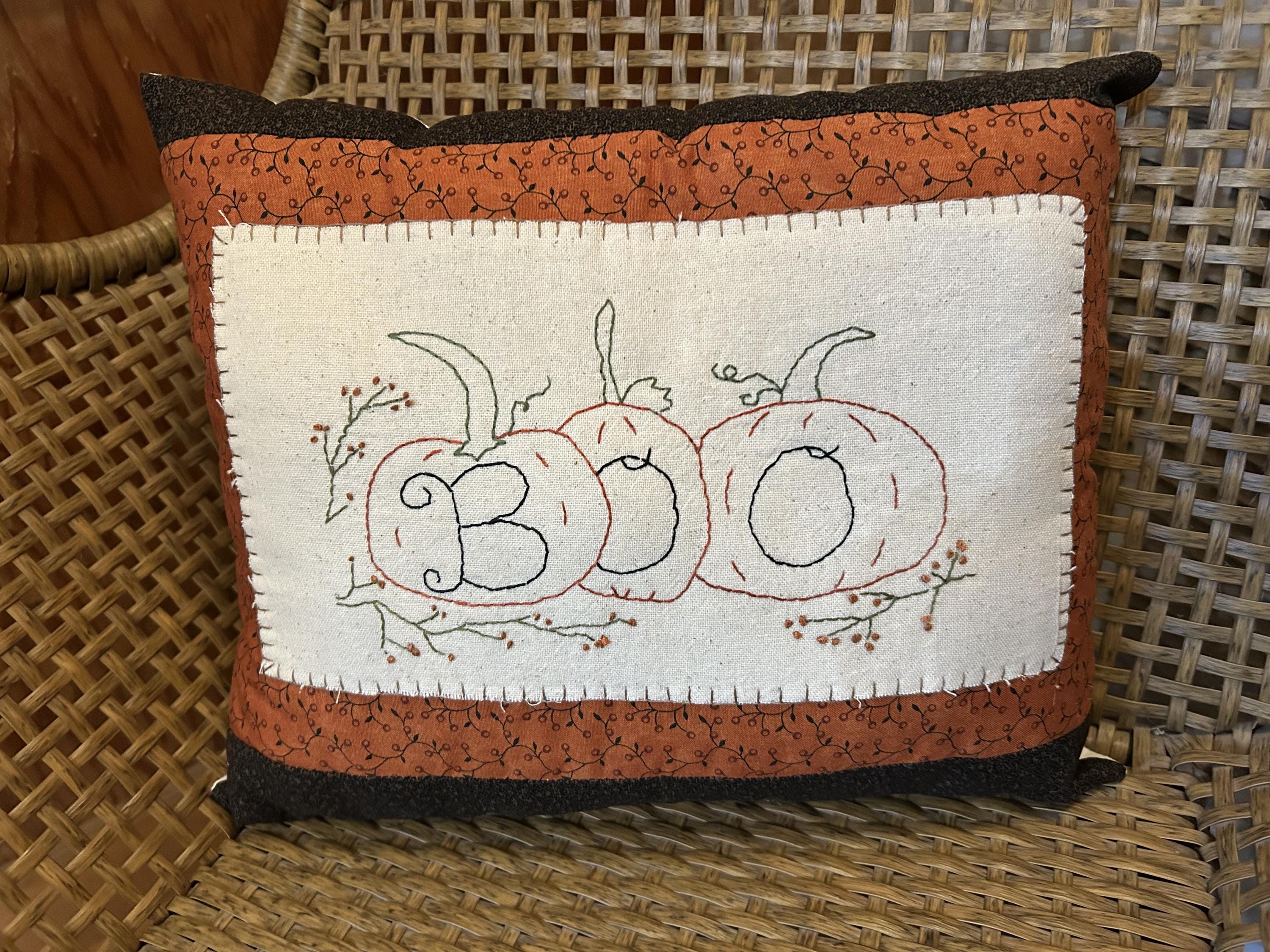 Handstitched Halloween Boo Stitchery Pillow | Handmade Fall Decor