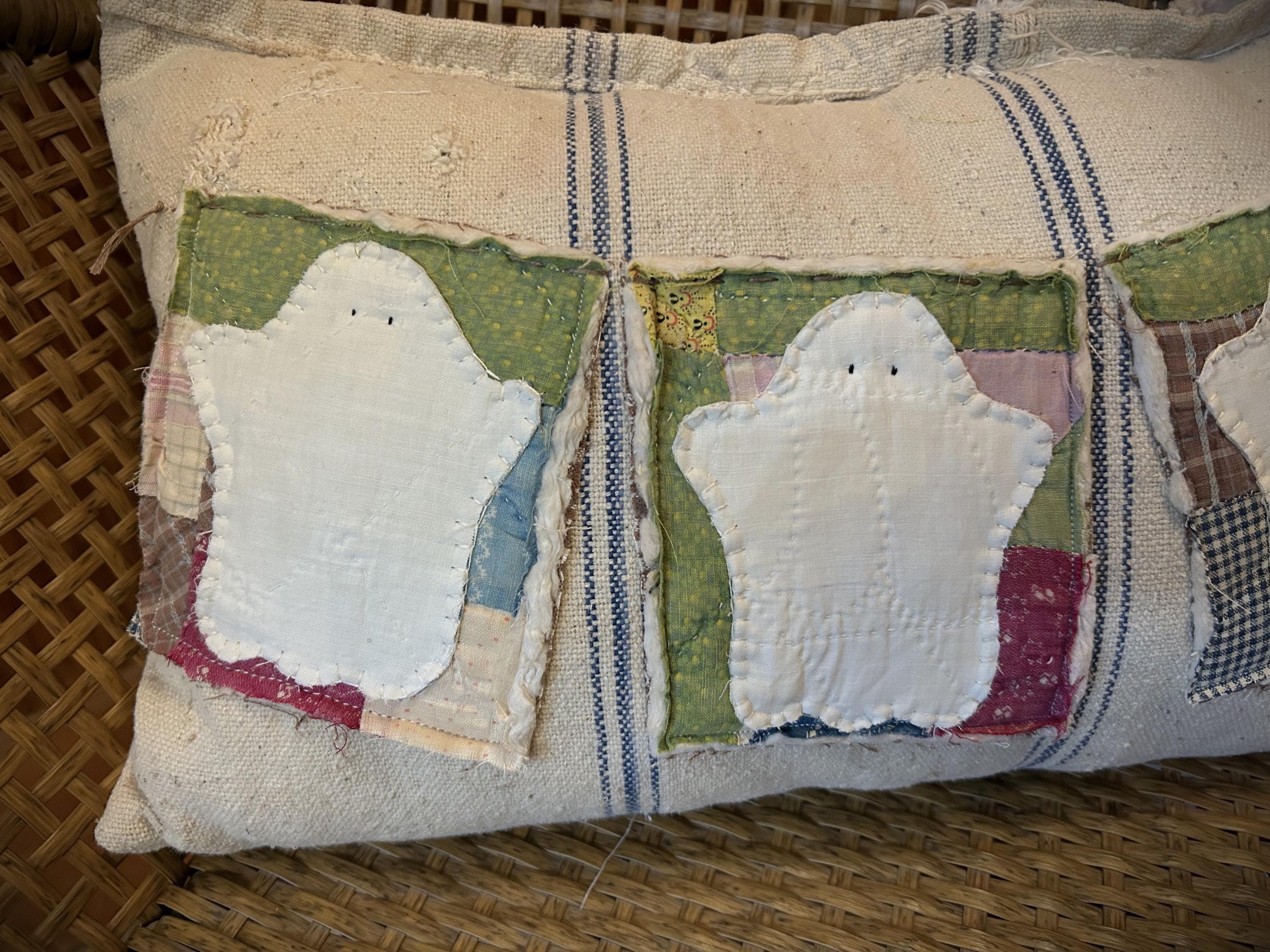 Antique Quilt and Grain Sack Ghost Trio Banner Pillow | Handmade Vintage Halloween Decor