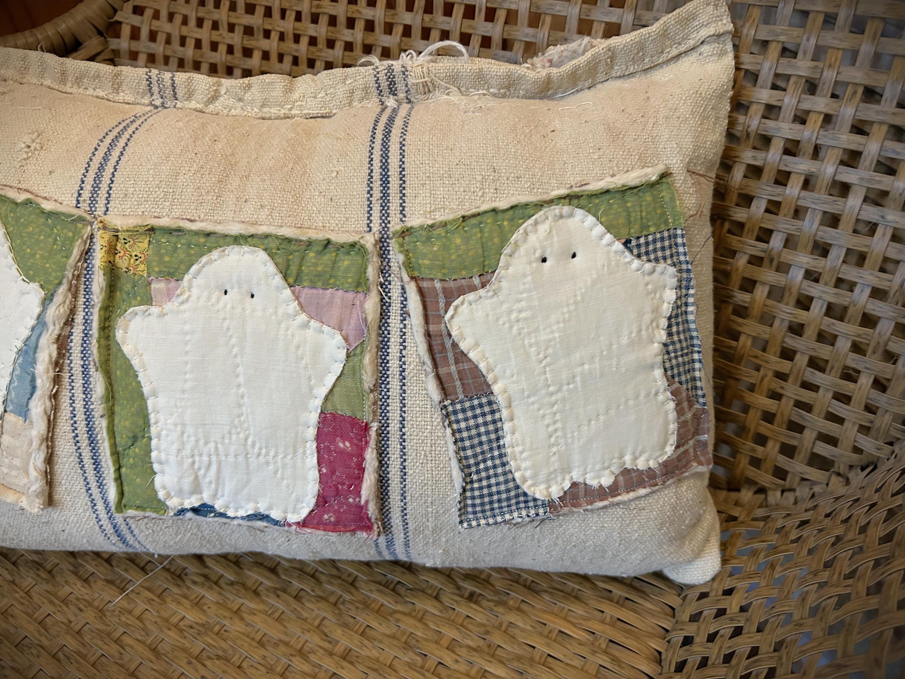 Antique Quilt and Grain Sack Ghost Trio Banner Pillow | Handmade Vintage Halloween Decor
