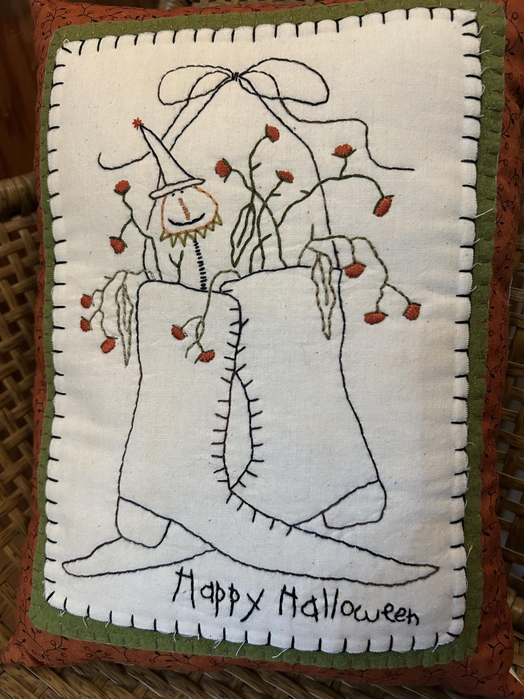 Primitive Happy Halloween Witch Boots Stitchery Pillow | Handmade Halloween Decor