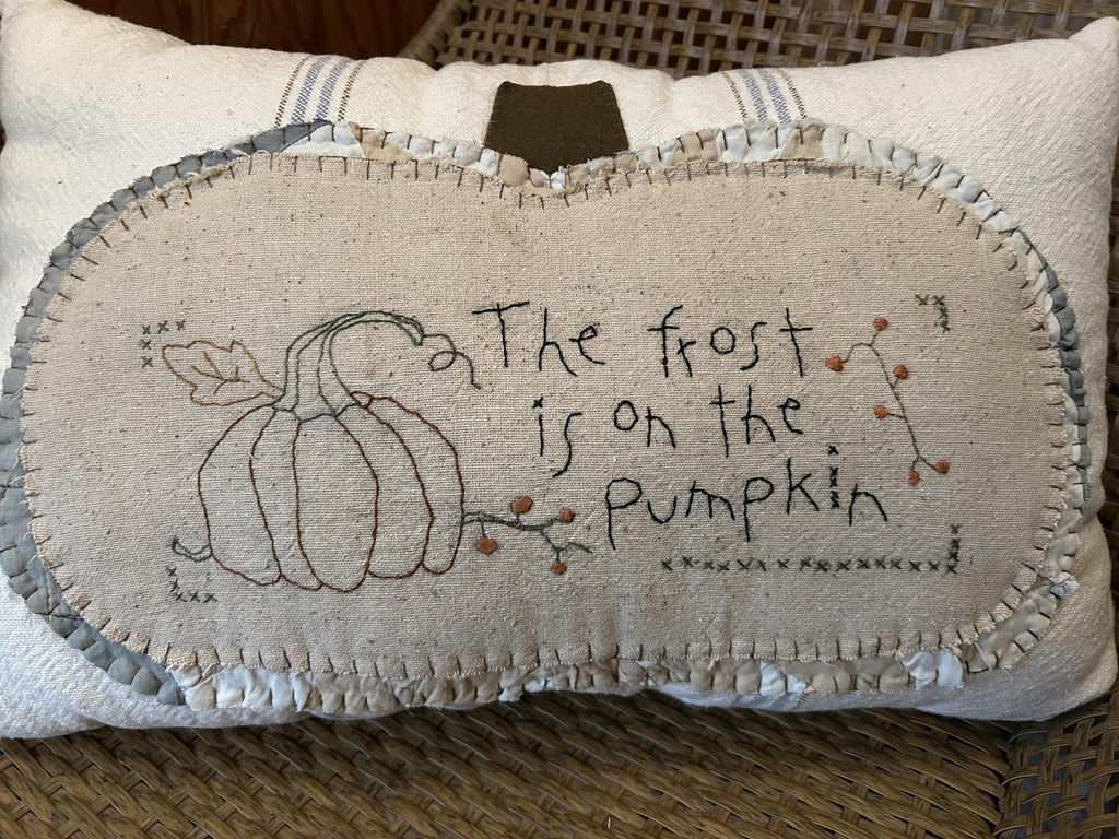 Primitive Grain Sack Fall Stitchery Pumpkin Pillow | Handmade Fall Decor