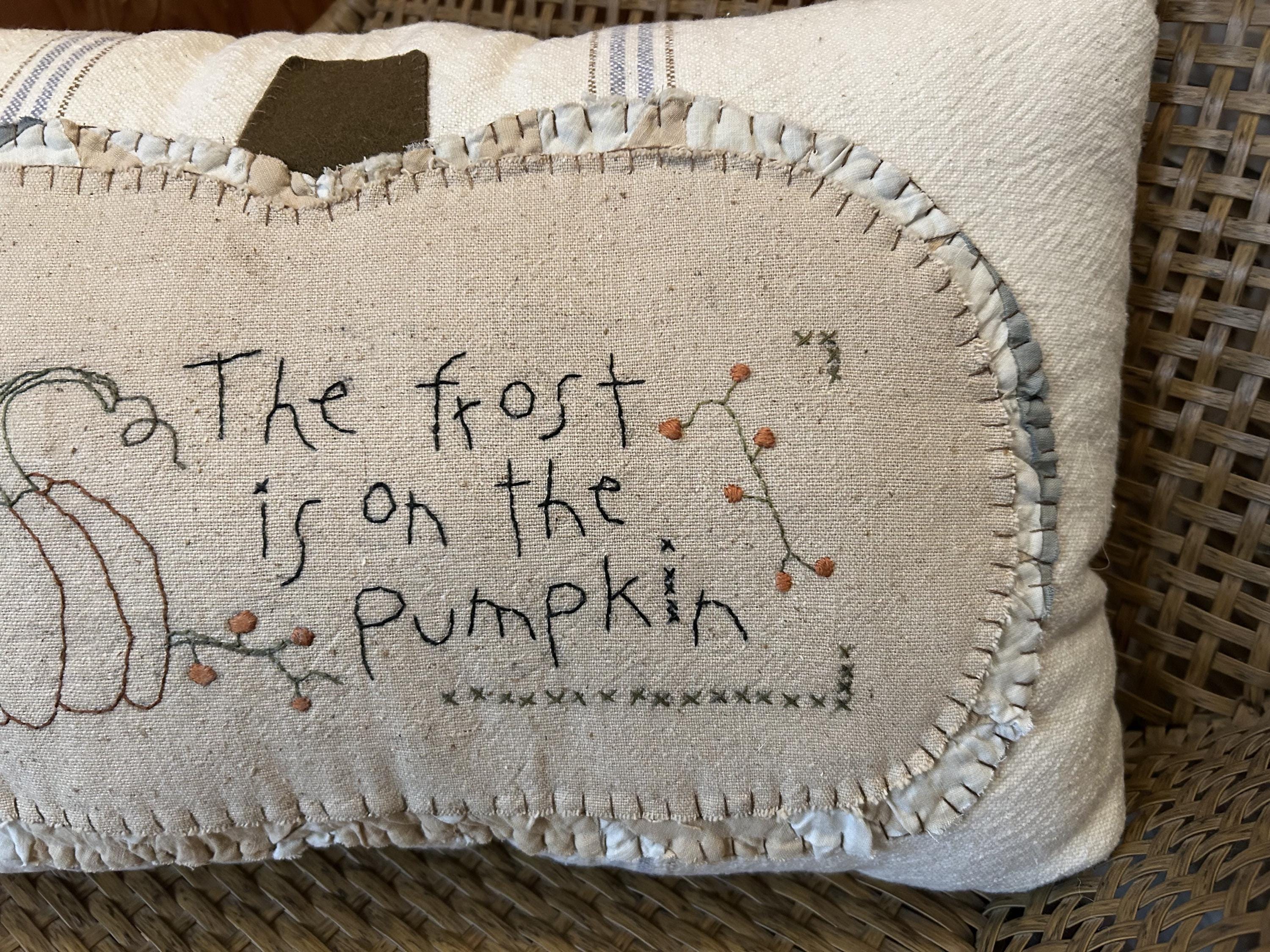 Primitive Grain Sack Fall Stitchery Pumpkin Pillow | Handmade Fall Decor