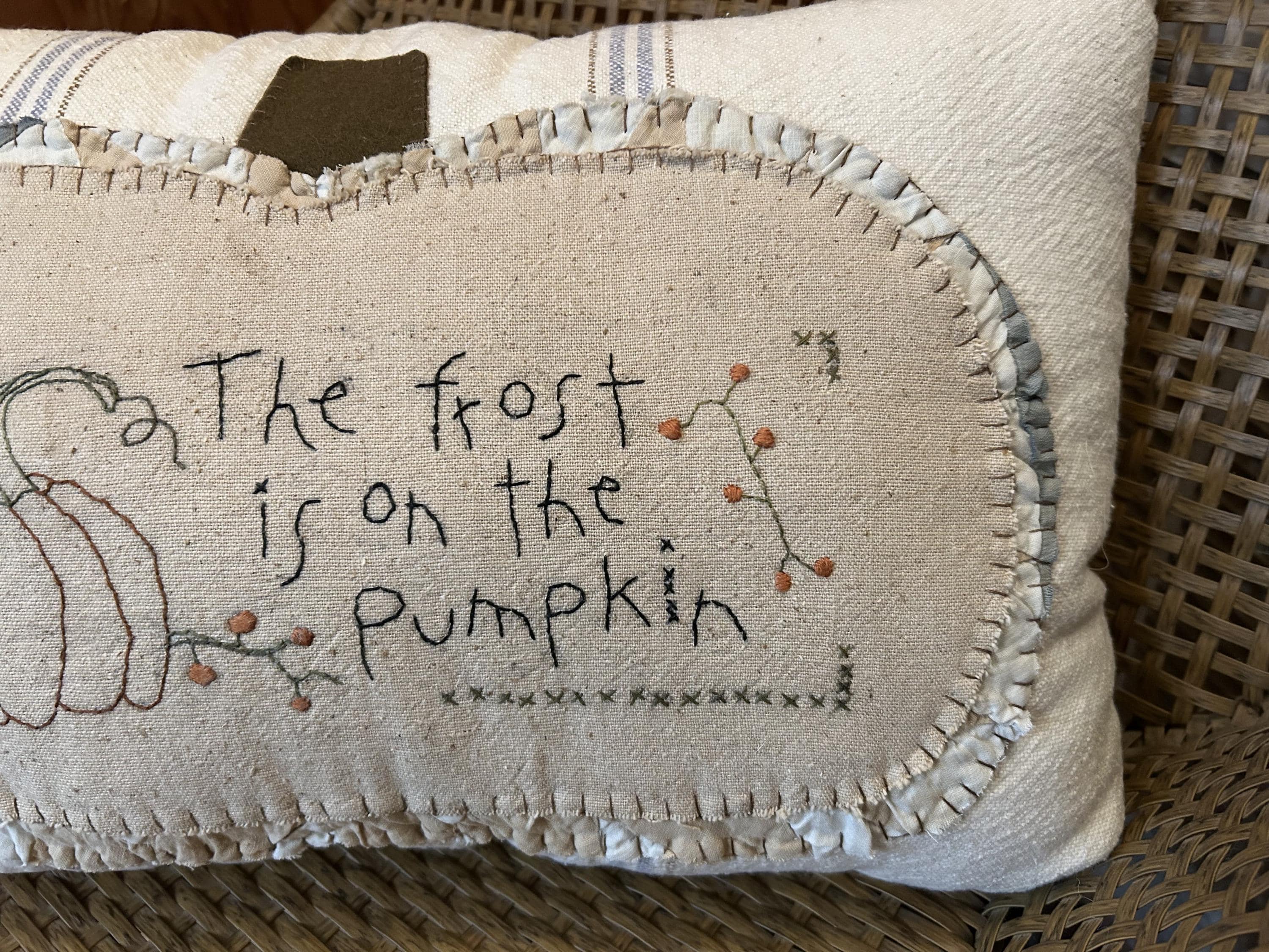 Primitive Grain Sack Fall Stitchery Pumpkin Pillow | Handmade Fall Decor