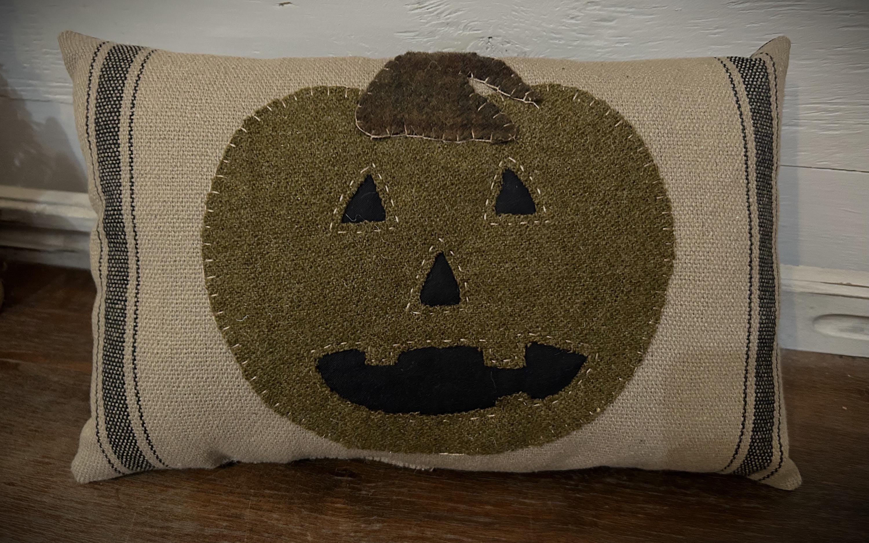 Primitive Wool Jack O Lantern Fall Pillow | Primitive Halloween Decor