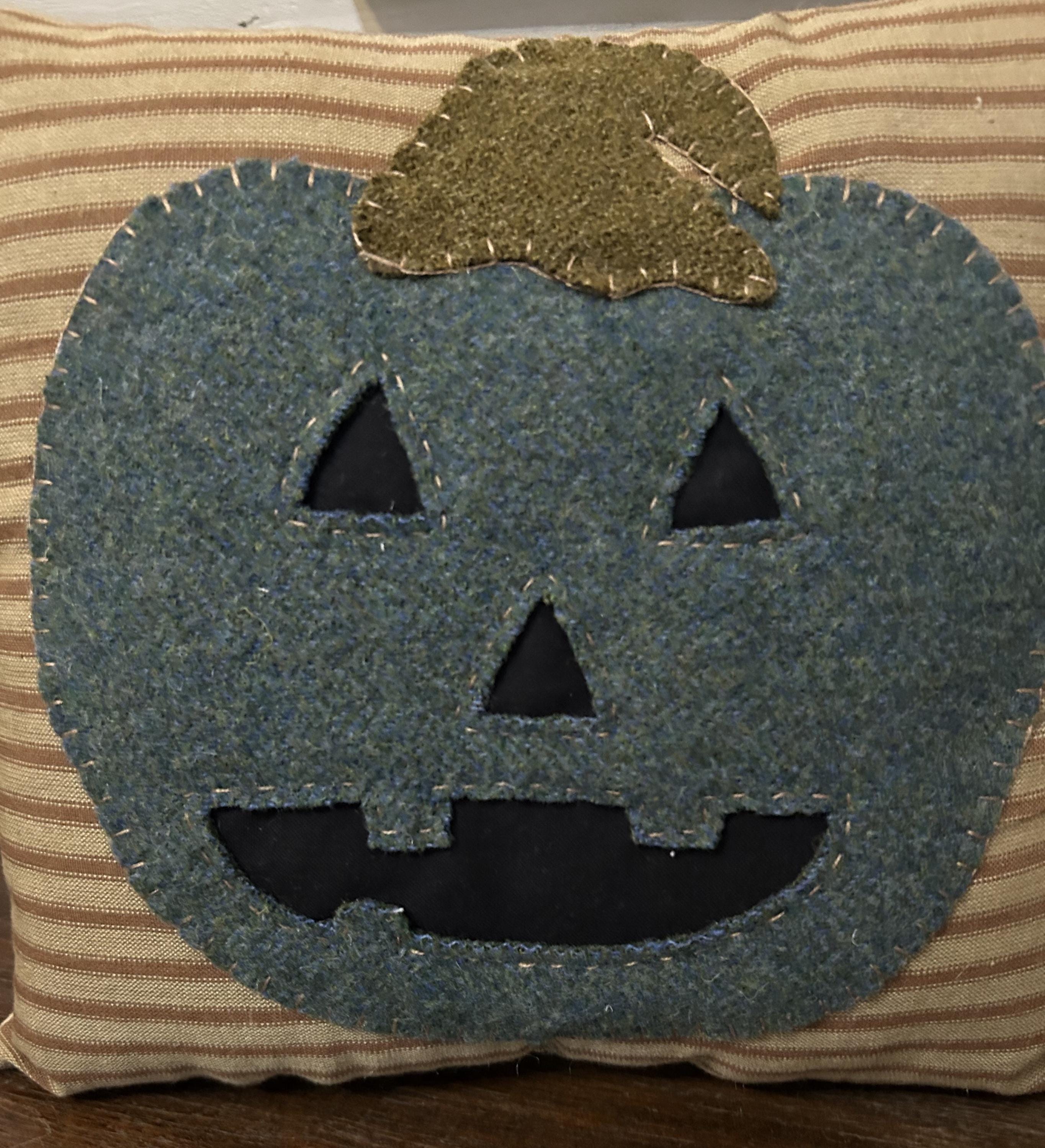 Handmade Jack O Lantern Halloween Wool Pillow | Handstitched Halloween Decor