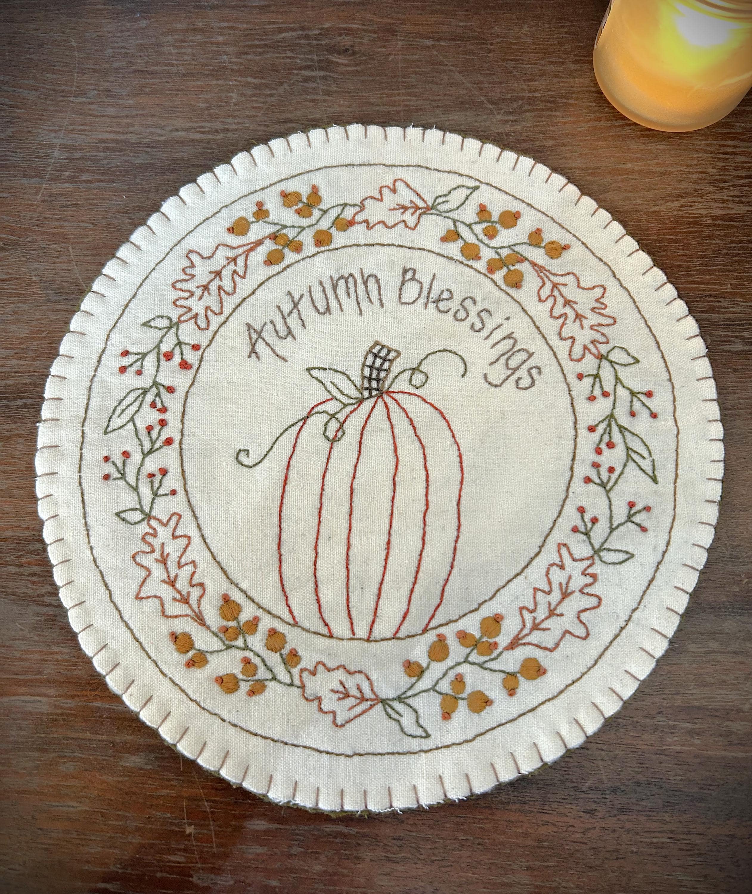 Handstitched Autumn Blessings Embroidered Candle Mat | Handmade Fall Decor
