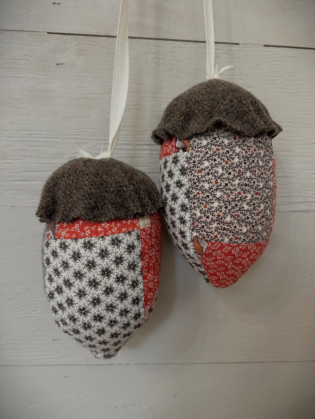 Antique Quilt and Wool Acorns for Peg Hanger | Handmade Fall Decor