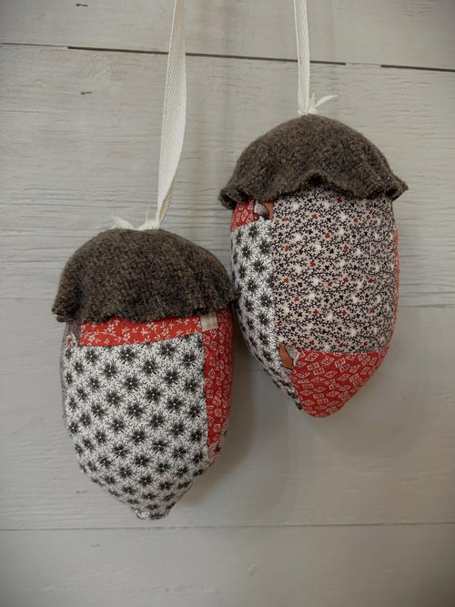 Antique Quilt and Wool Acorns for Peg Hanger | Handmade Fall Decor