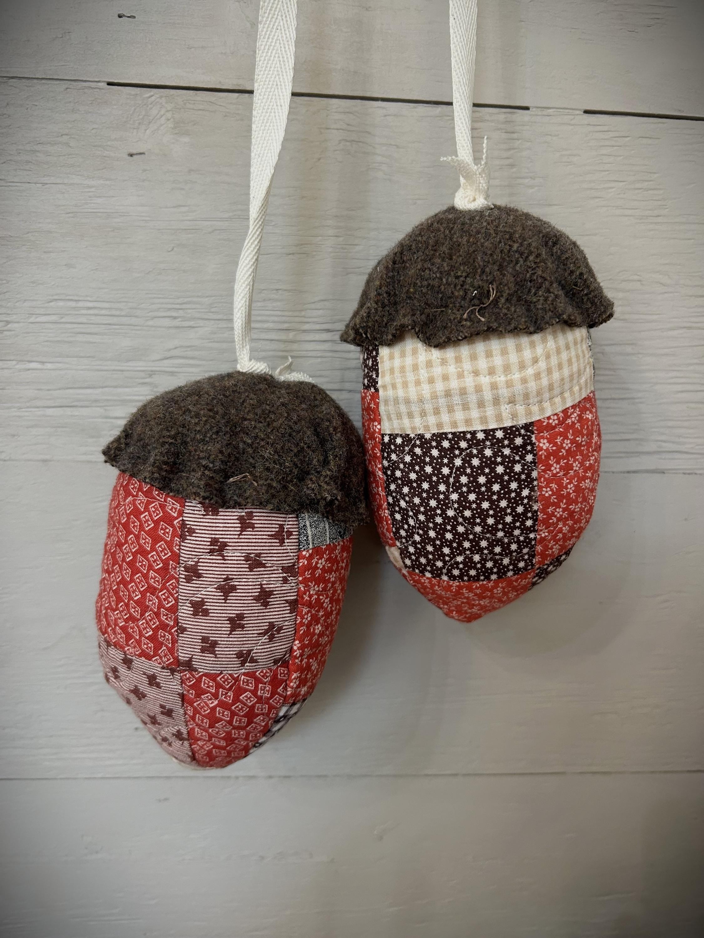 Antique Quilt and Wool Acorns for Peg Hanger | Handmade Fall Decor