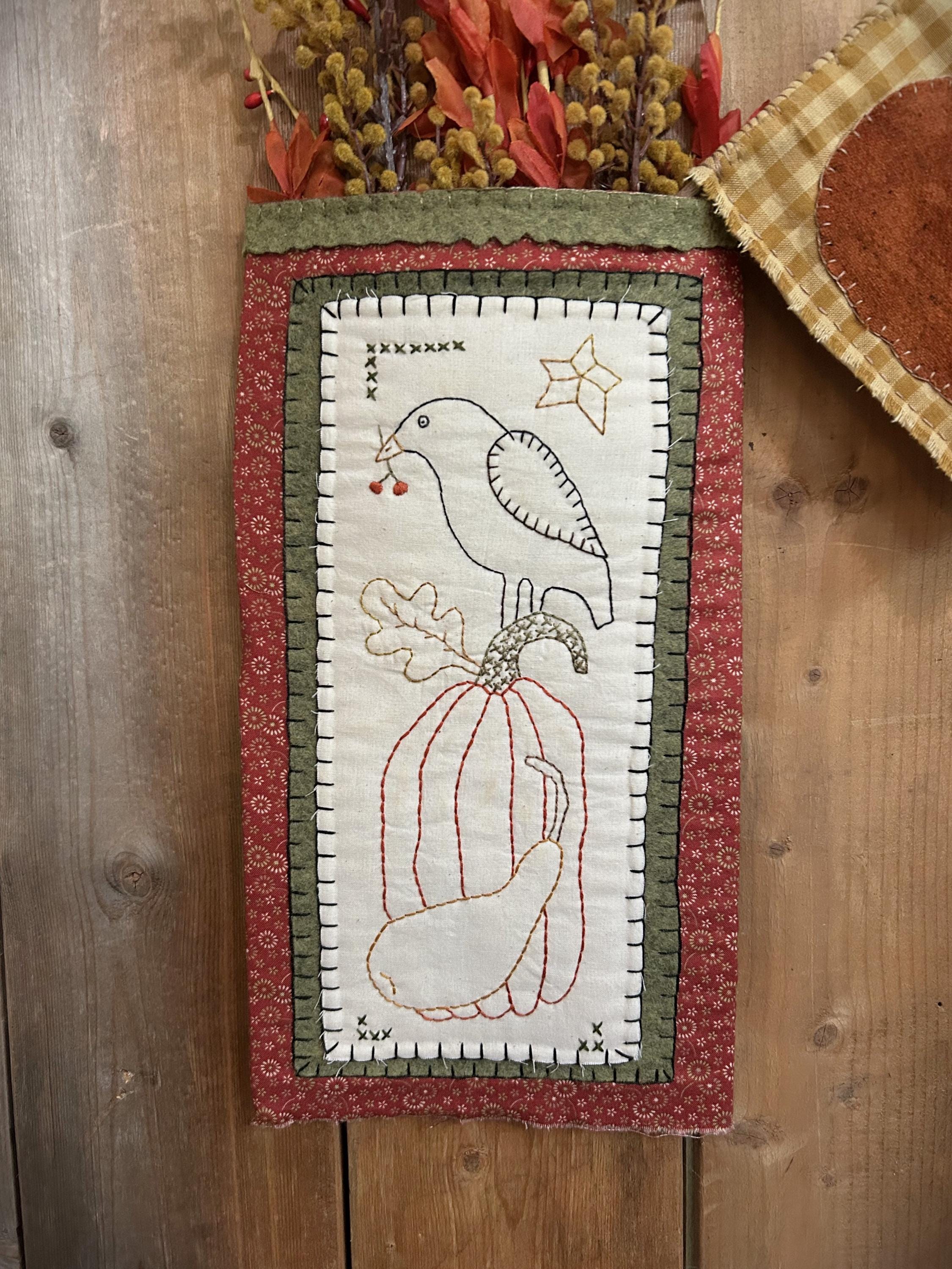 Primitive Fall Stitchery Pocket Hanger W/ Pumpkin Flag |  Handmade Fall Decor