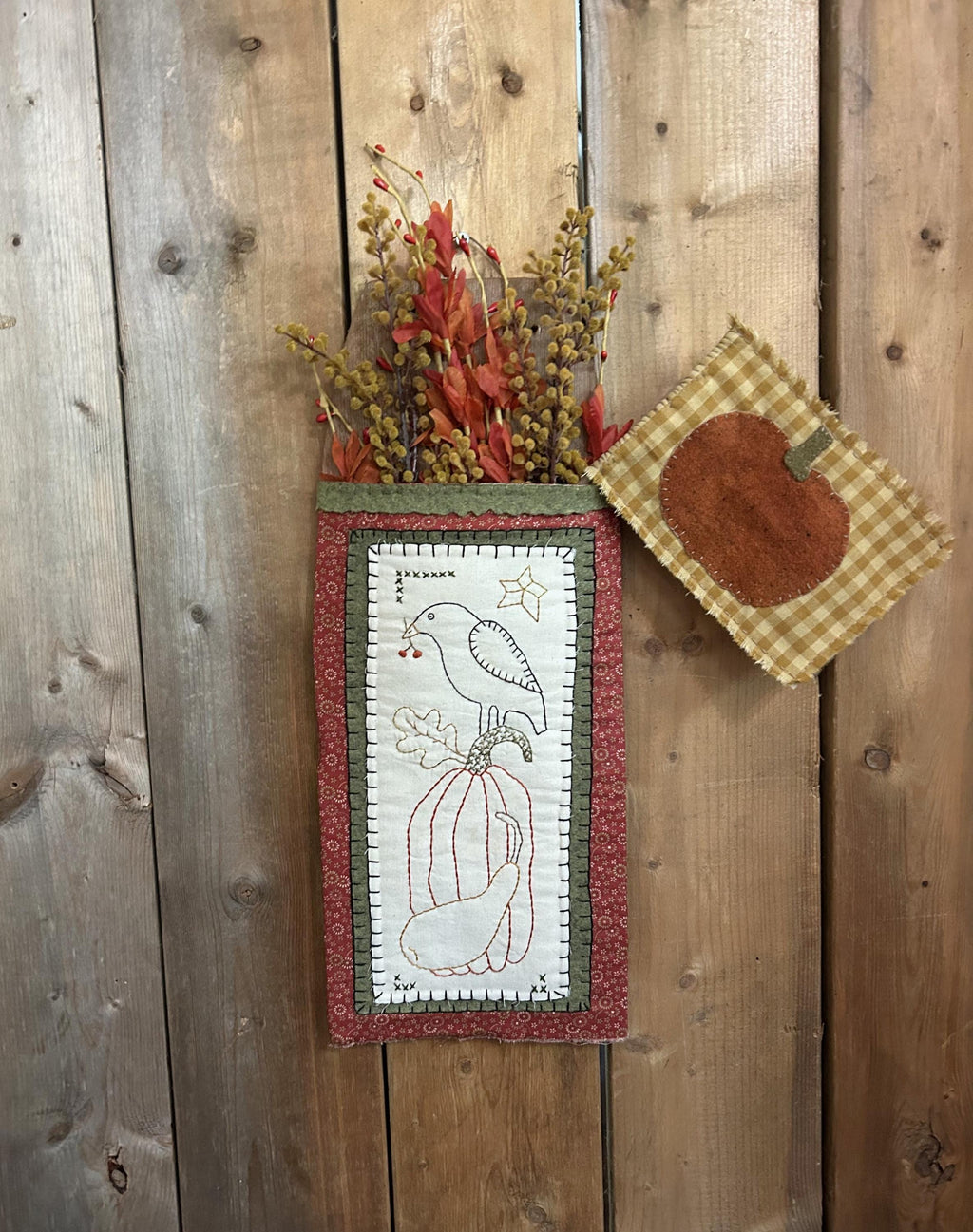 Primitive Fall Stitchery Pocket Hanger W/ Pumpkin Flag |  Handmade Fall Decor