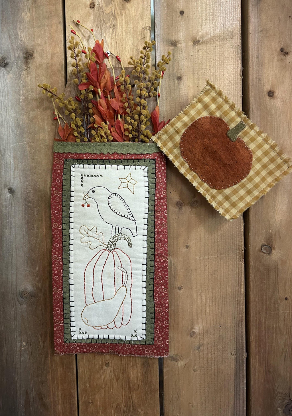 Primitive Fall Stitchery Pocket Hanger W/ Pumpkin Flag |  Handmade Fall Decor