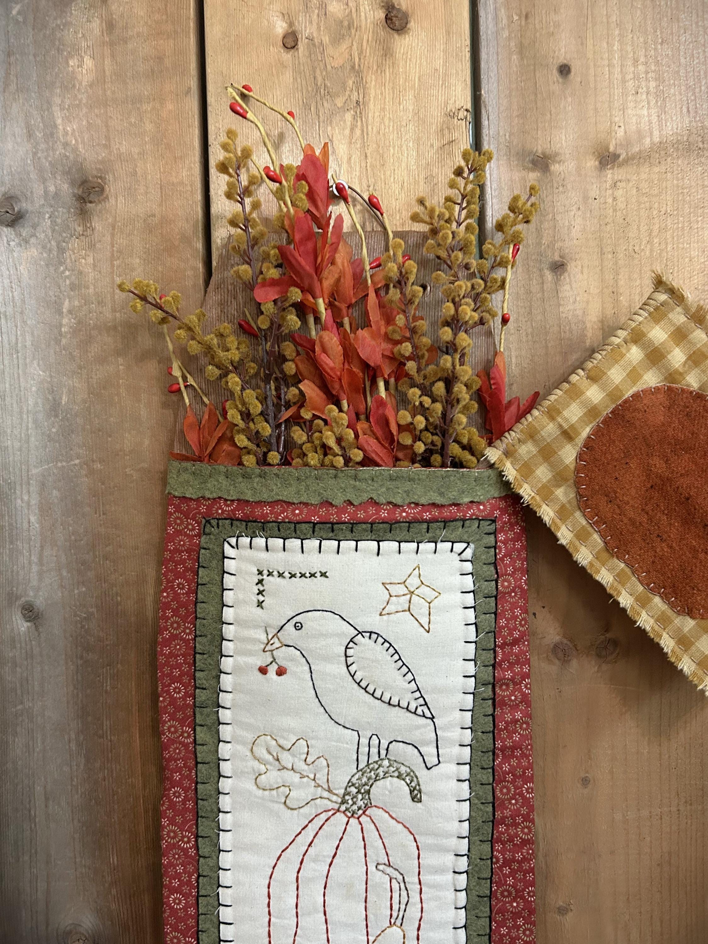 Primitive Fall Stitchery Pocket Hanger W/ Pumpkin Flag |  Handmade Fall Decor