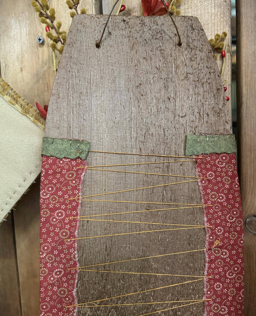 Primitive Fall Stitchery Pocket Hanger W/ Pumpkin Flag |  Handmade Fall Decor