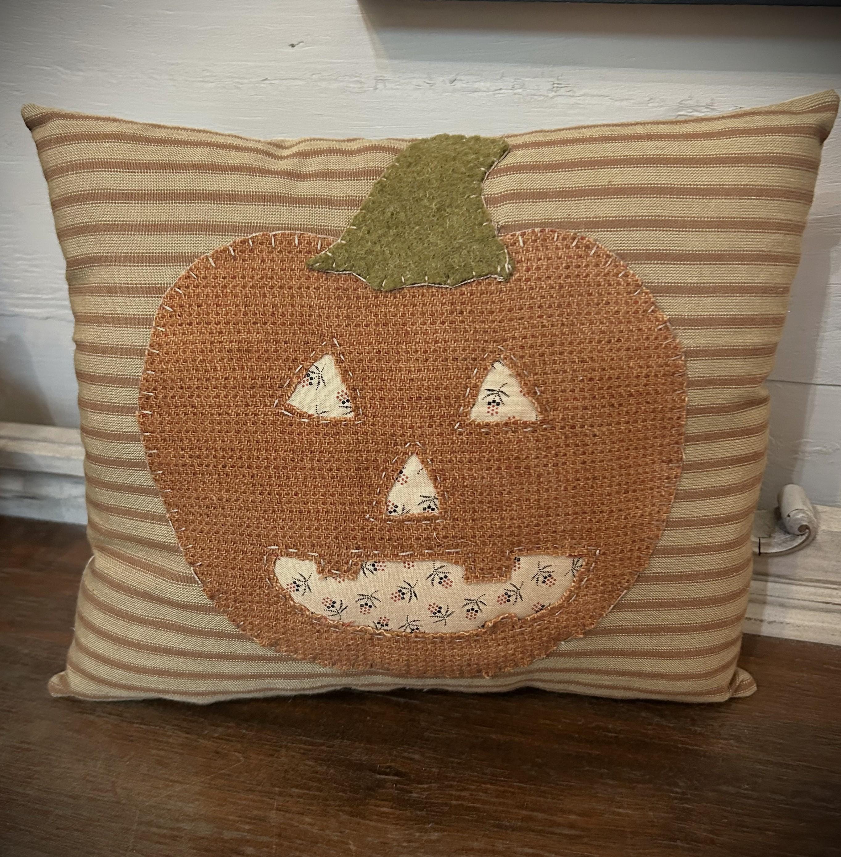 Primitive Jack O Lantern Wool Applique Pillow | Primitive Halloween Decor