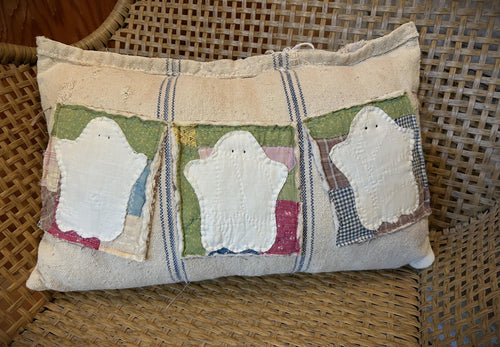 Antique Quilt and Grain Sack Ghost Trio Banner Pillow | Handmade Vintage Halloween Decor
