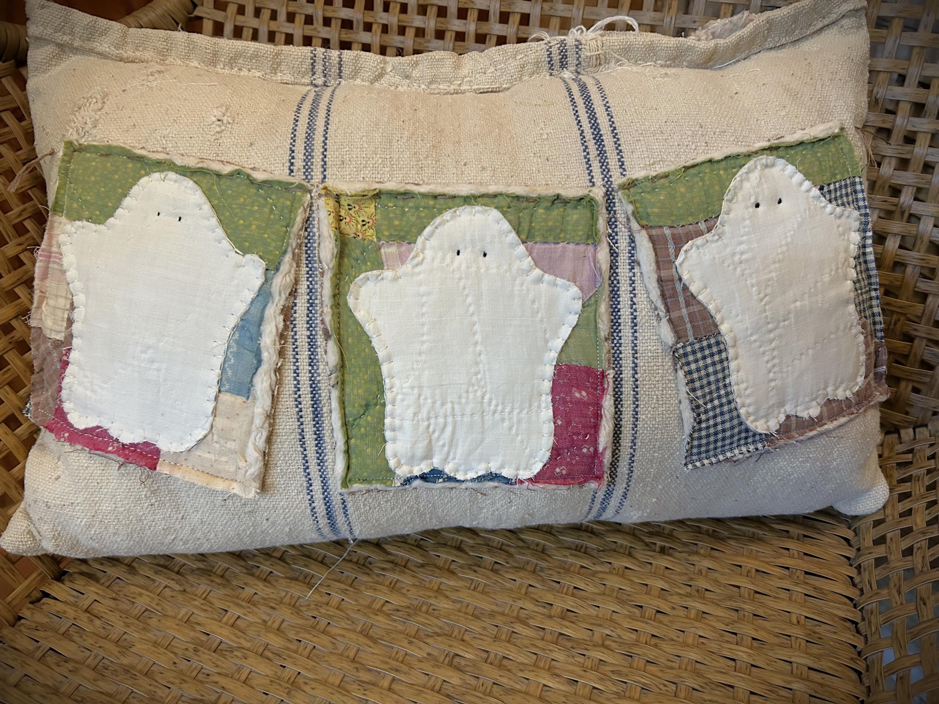 Antique Quilt and Grain Sack Ghost Trio Banner Pillow | Handmade Vintage Halloween Decor