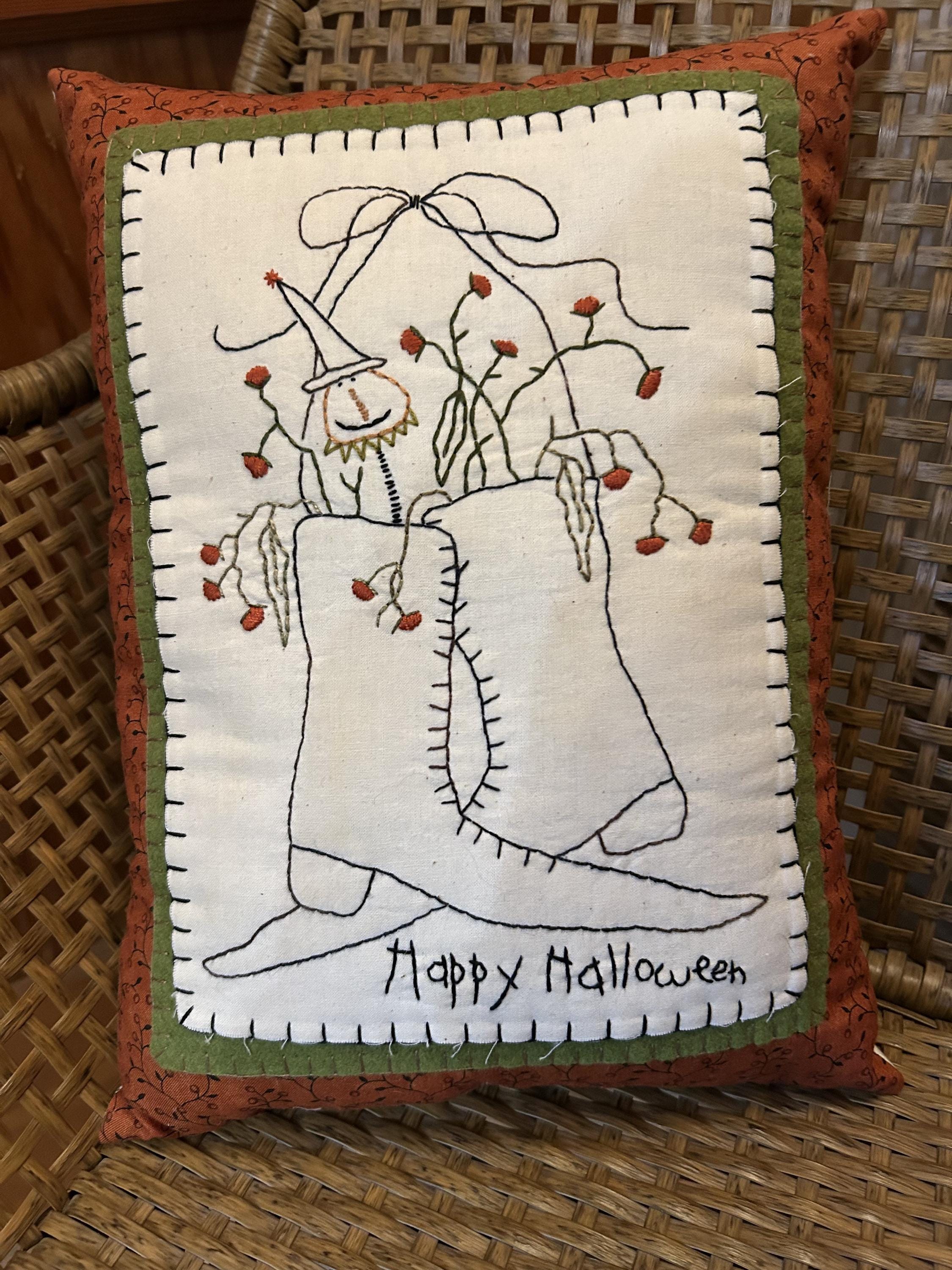 Primitive Happy Halloween Witch Boots Stitchery Pillow | Handmade Halloween Decor