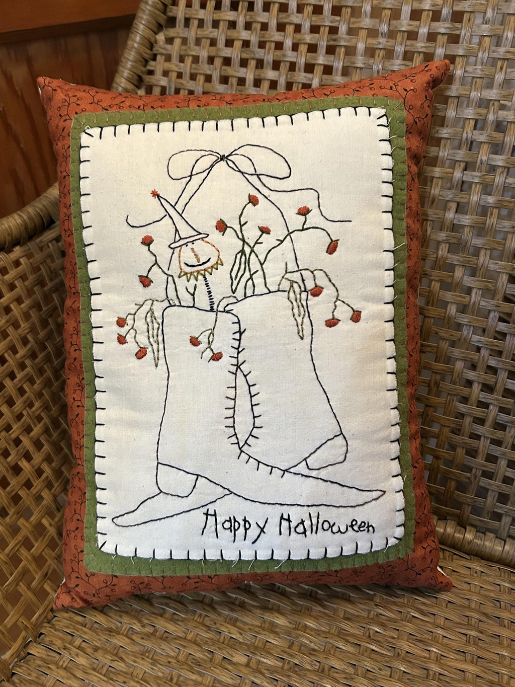 Primitive Happy Halloween Witch Boots Stitchery Pillow | Handmade Halloween Decor